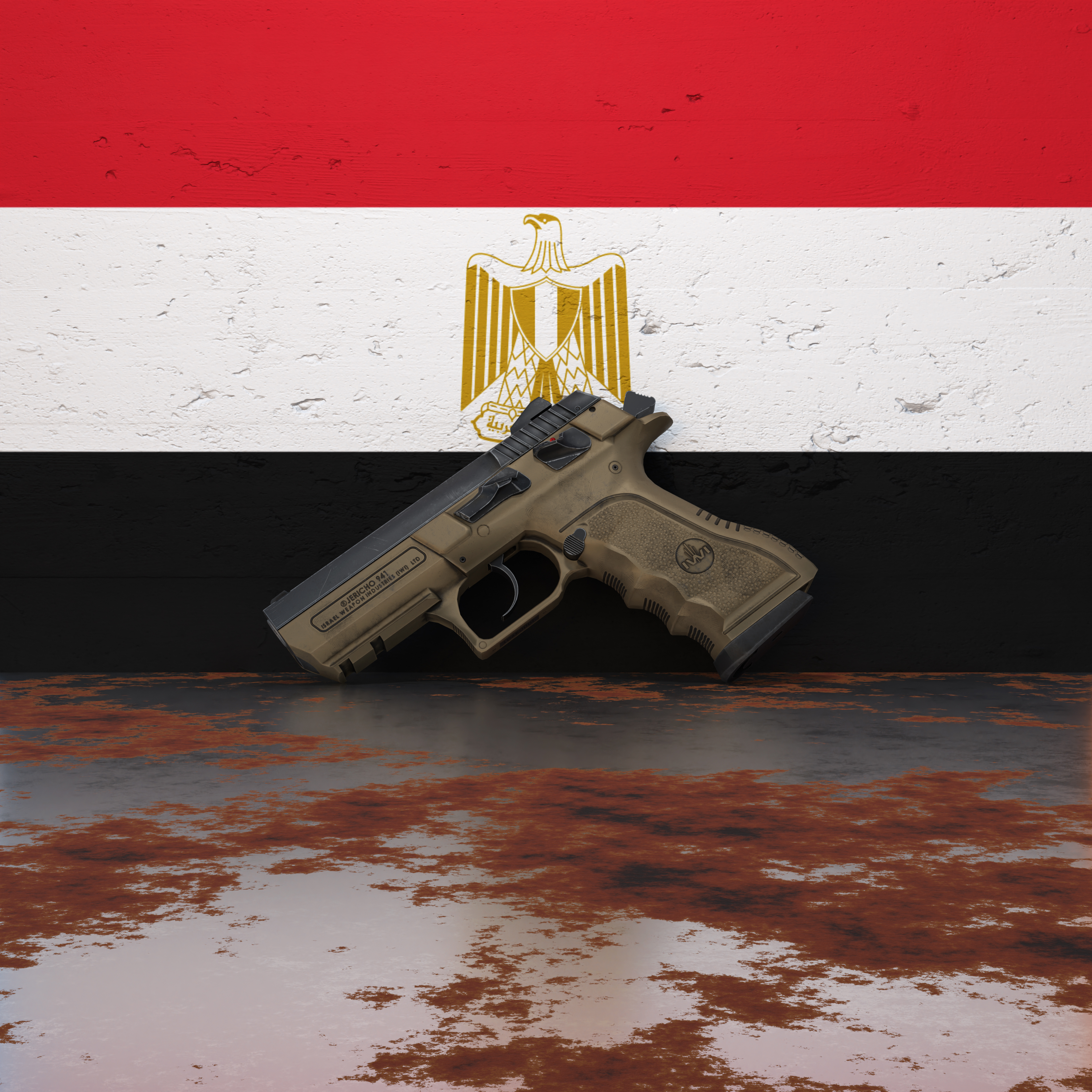 A pistol in front of a wall featuring the flag of Egypt