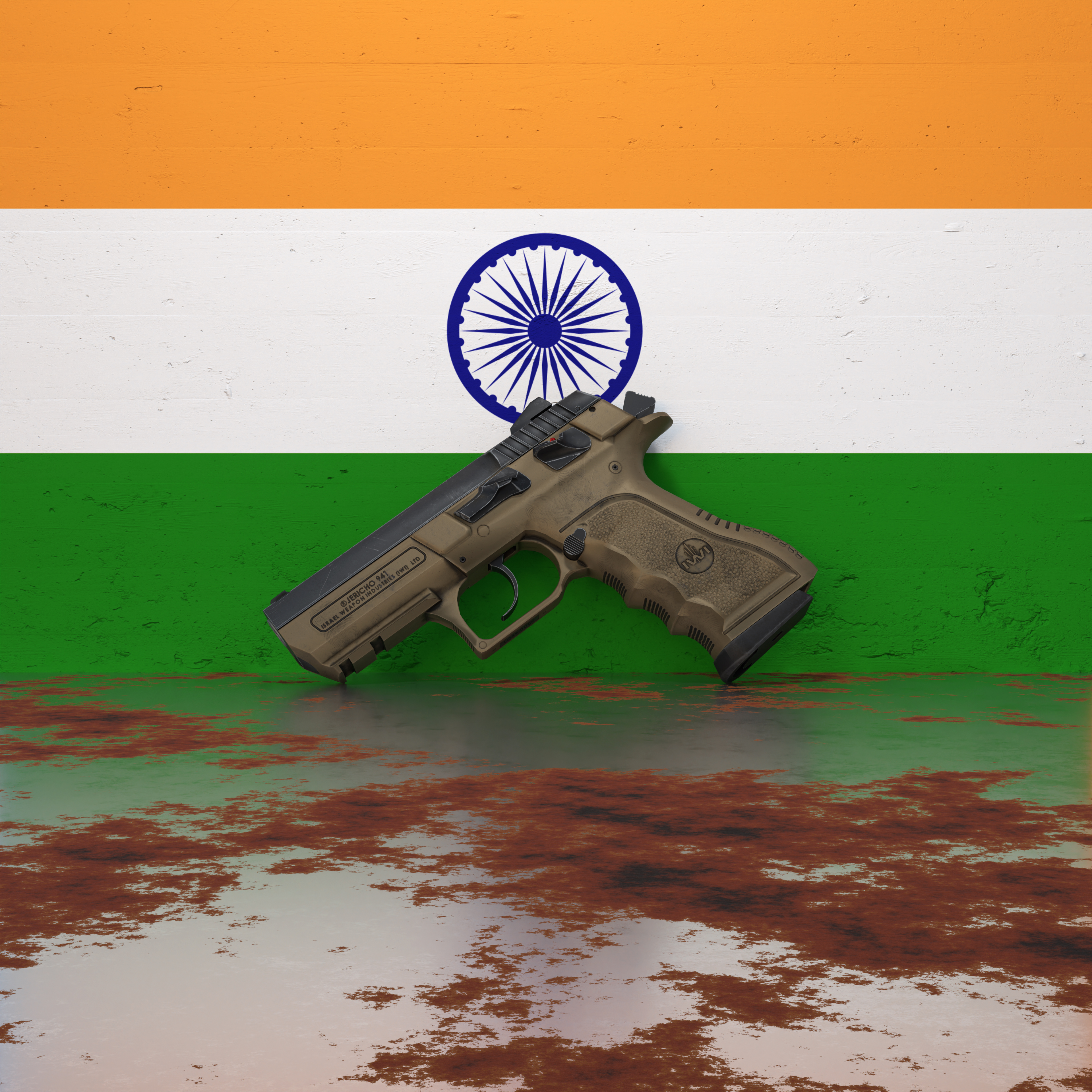 A pistol in front of a wall featuring the flag of India