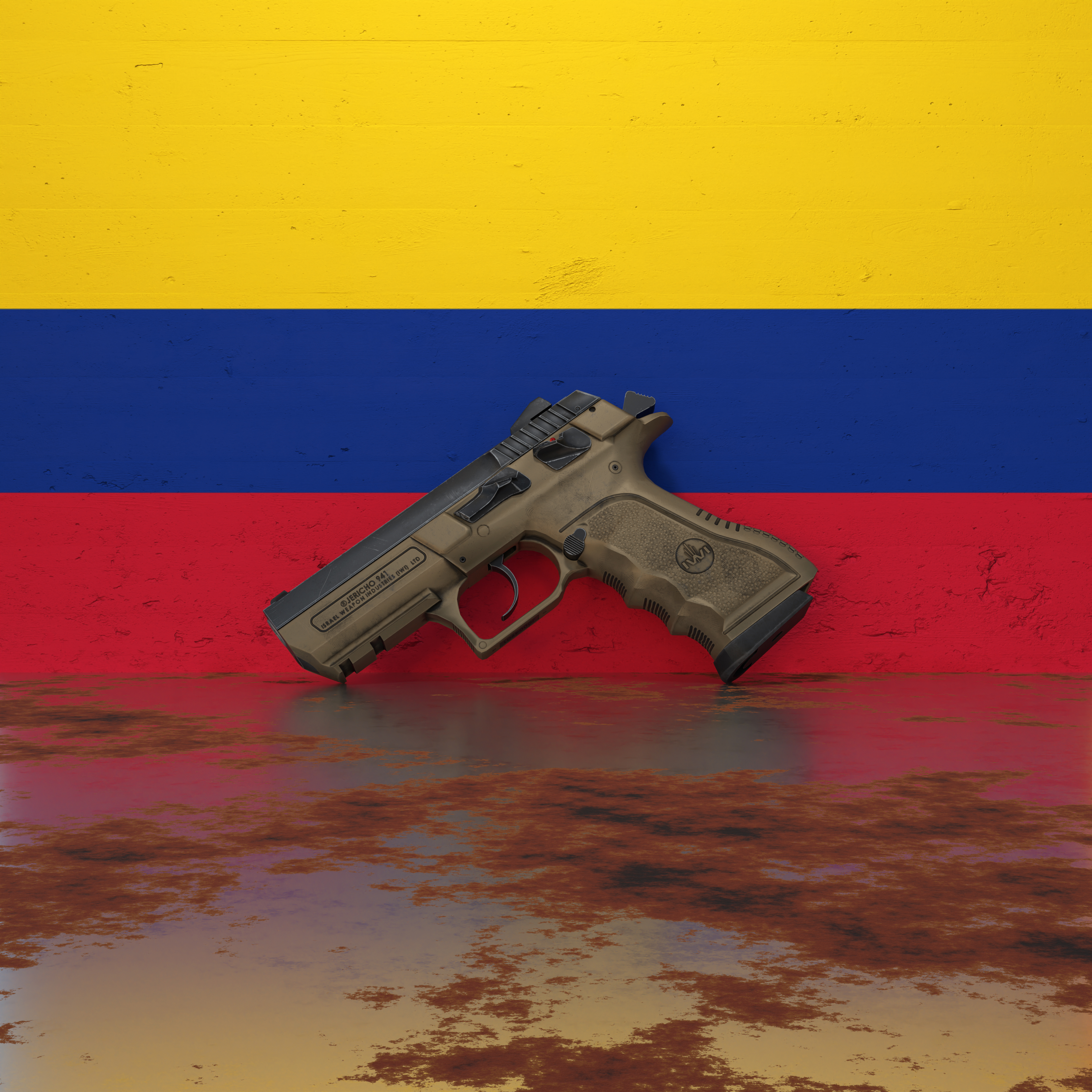 A pistol in front of a wall featuring the flag of Colombia