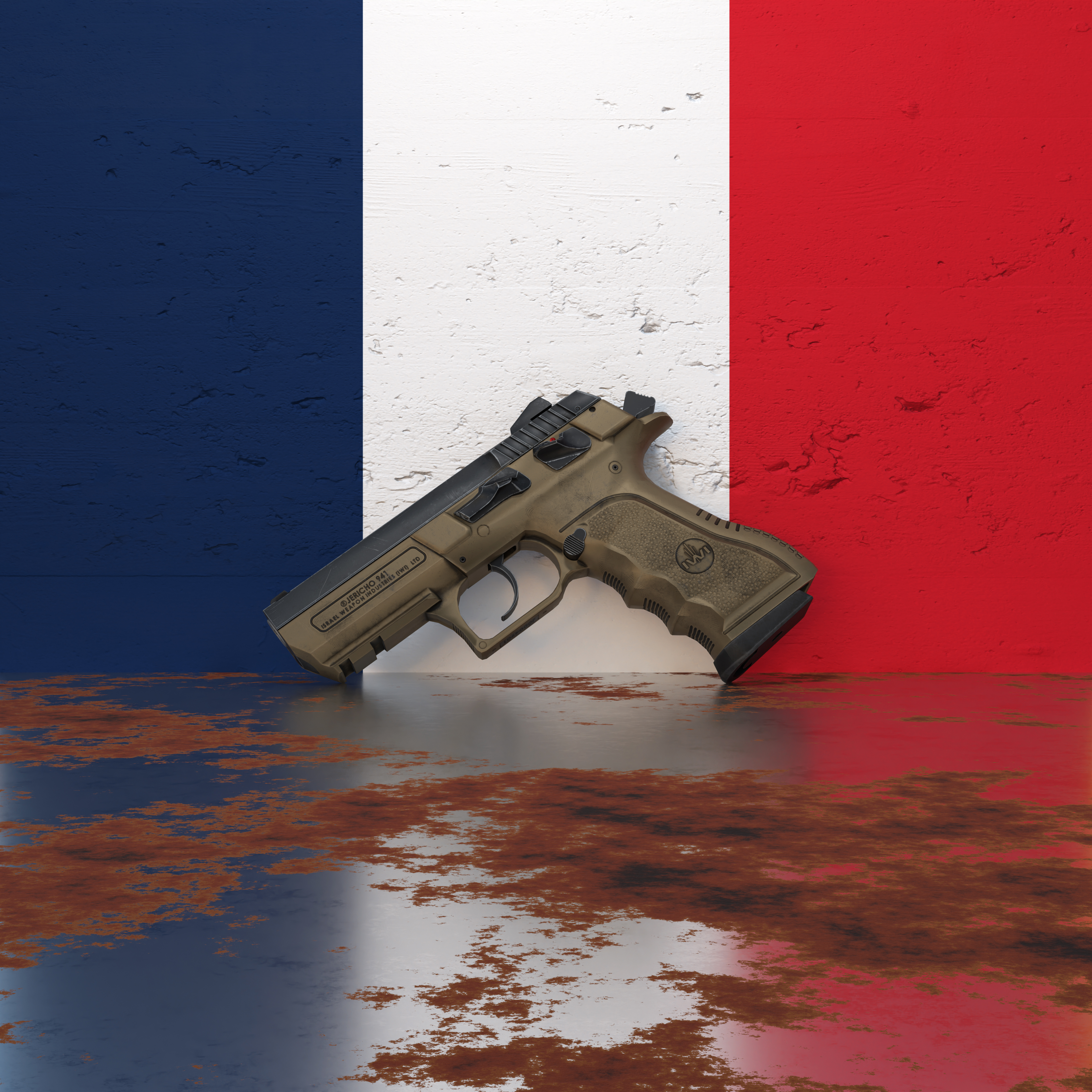 A pistol in front of a wall featuring the flag of France