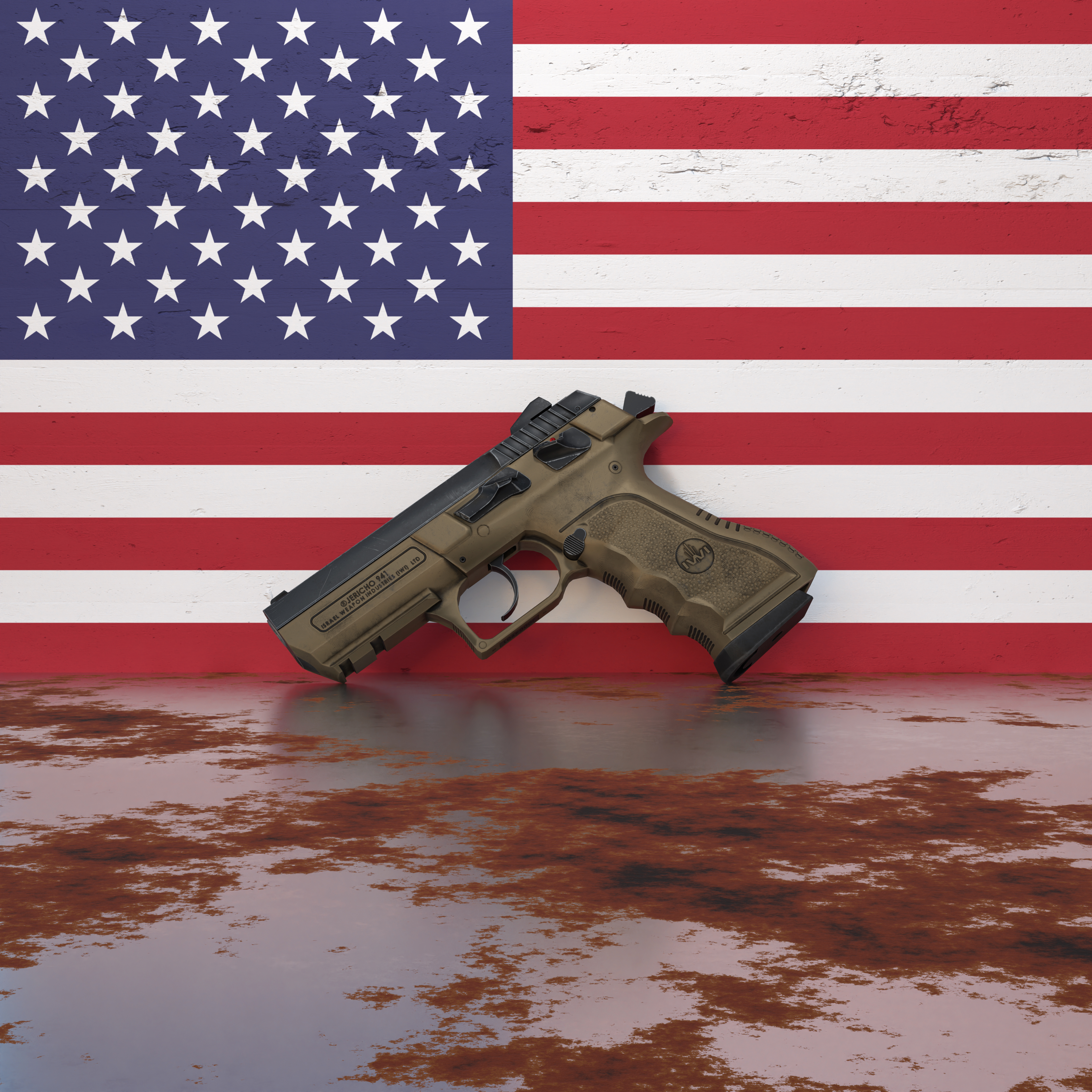 A pistol in front of a wall featuring the flag of USA