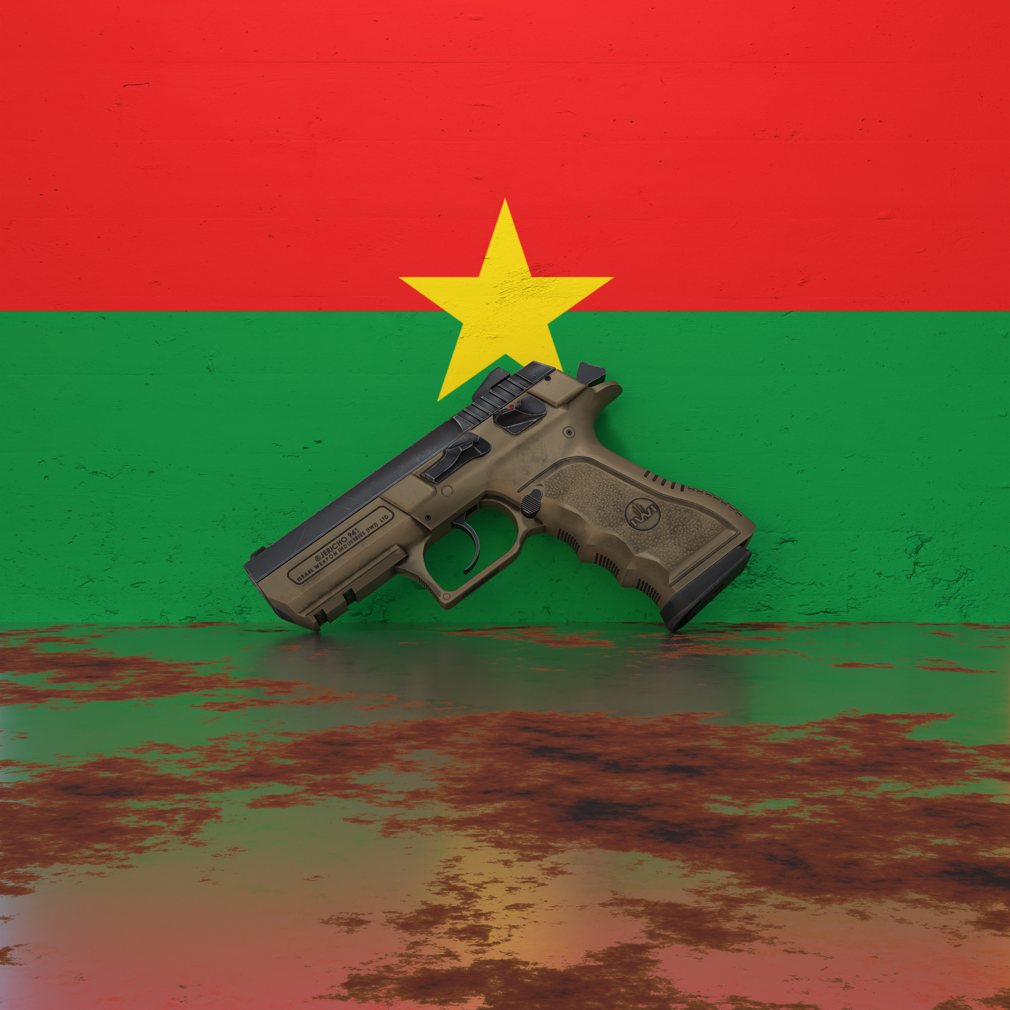 A pistol in front of a wall featuring the flag of Faso