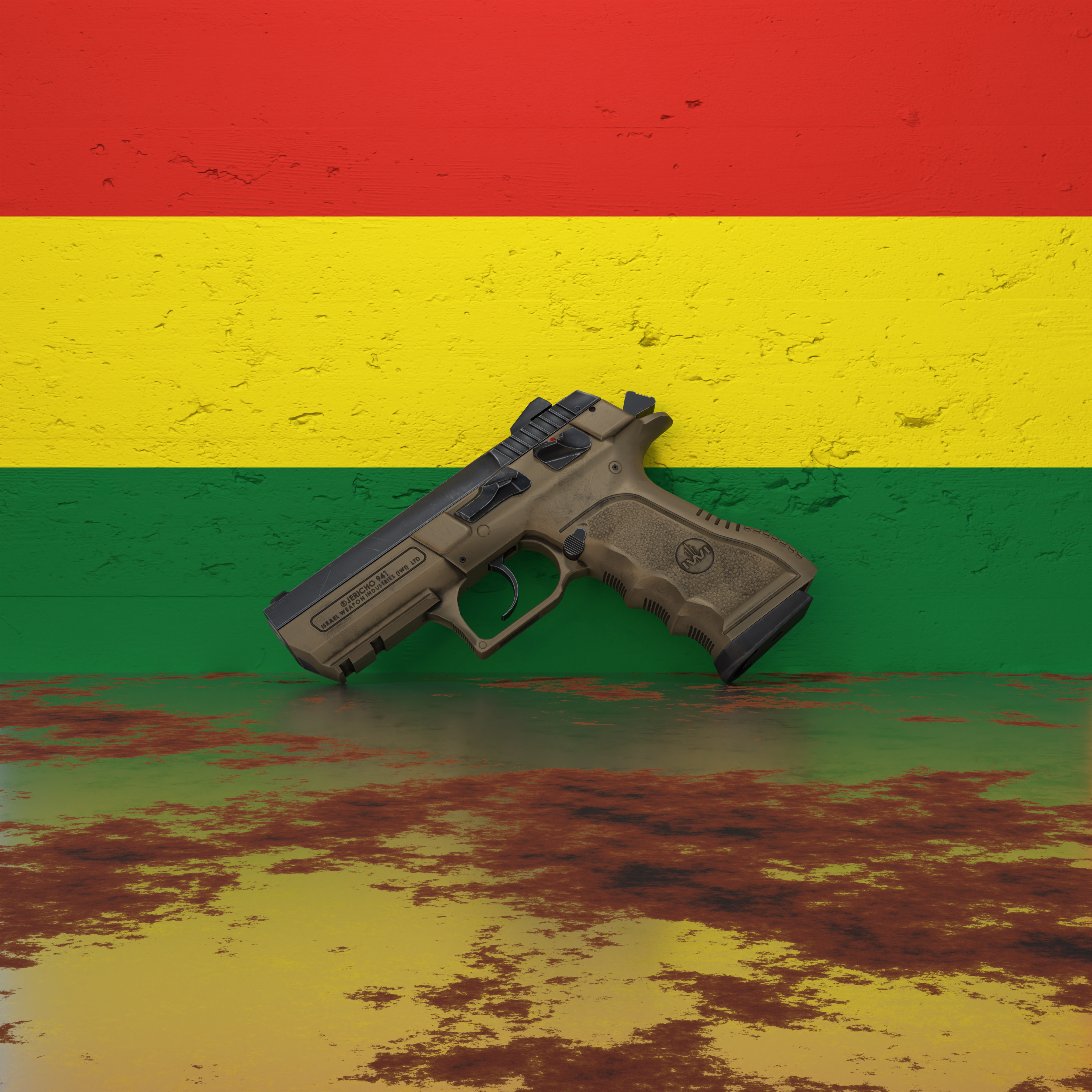 A pistol in front of a wall featuring the flag of Bolivia