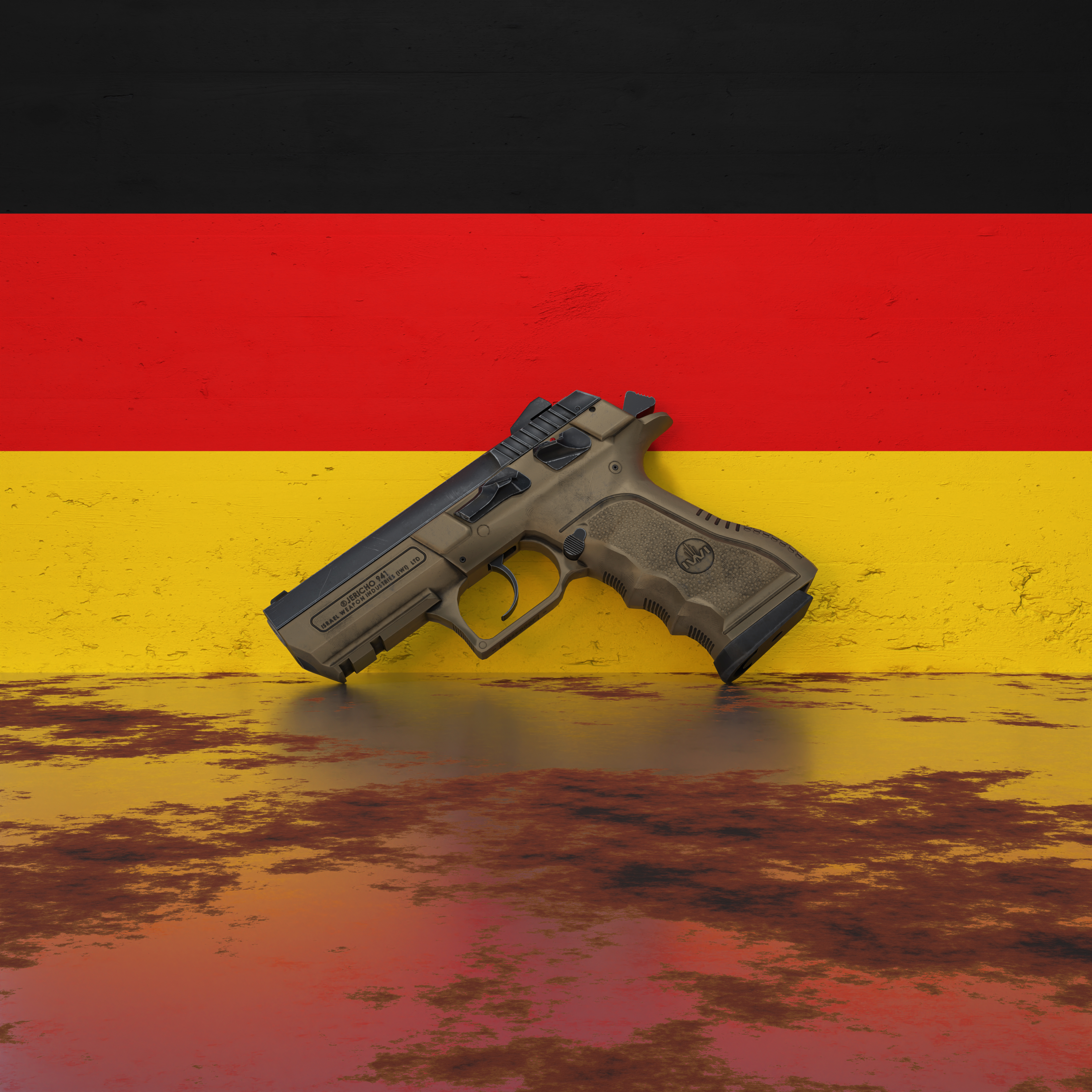 A pistol in front of a wall featuring the flag of Germany