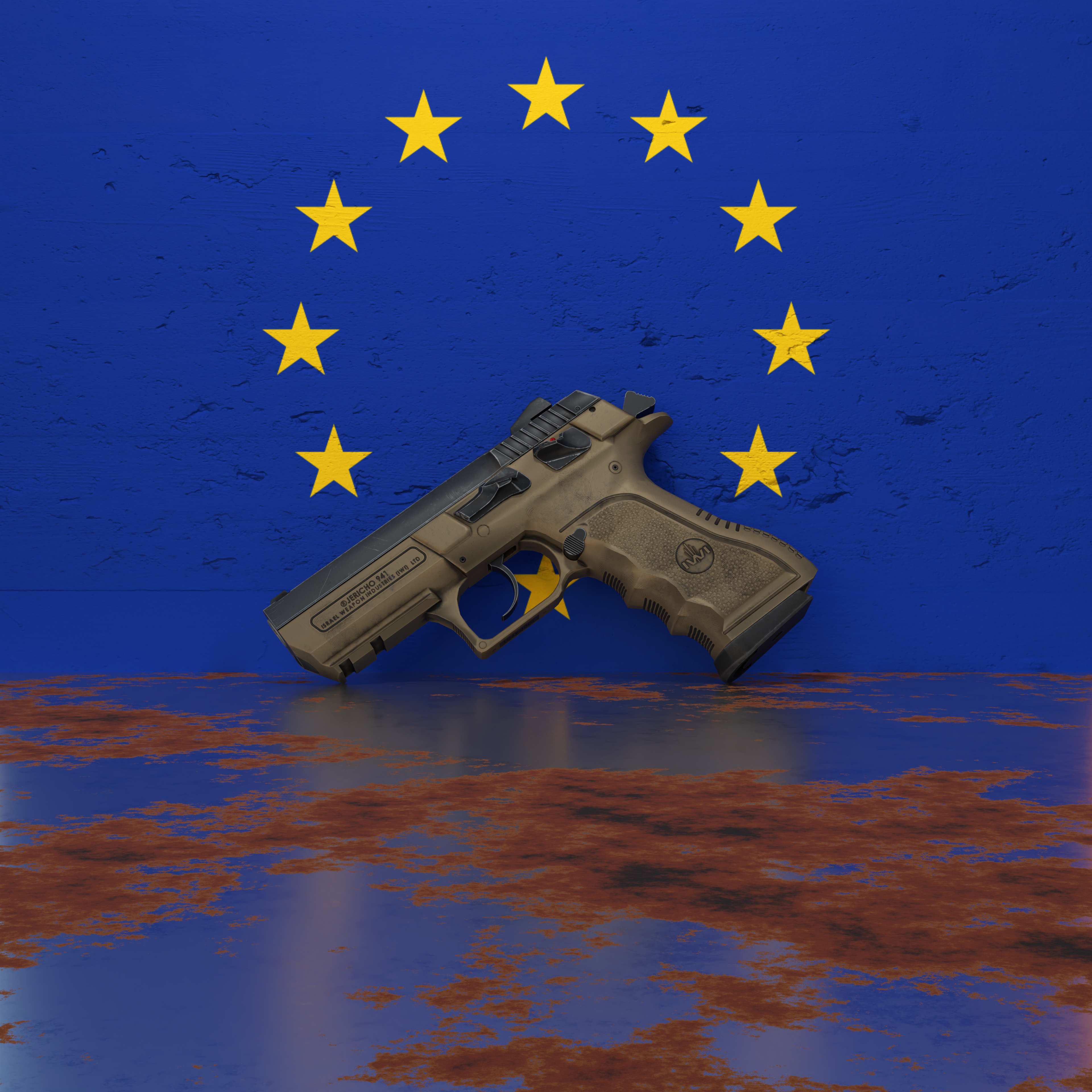 A pistol in front of a wall featuring the flag of European Union