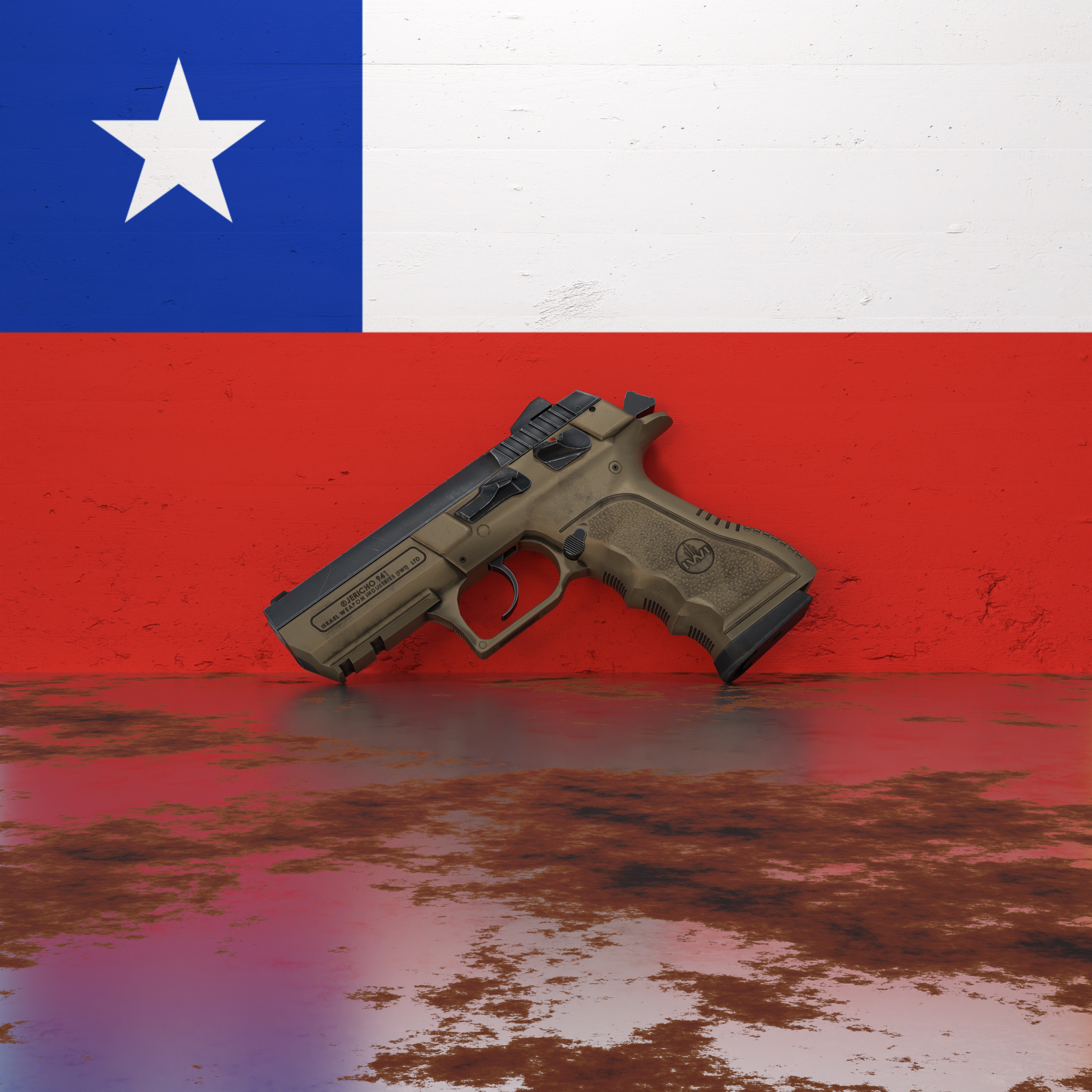 A pistol in front of a wall featuring the flag of Chile