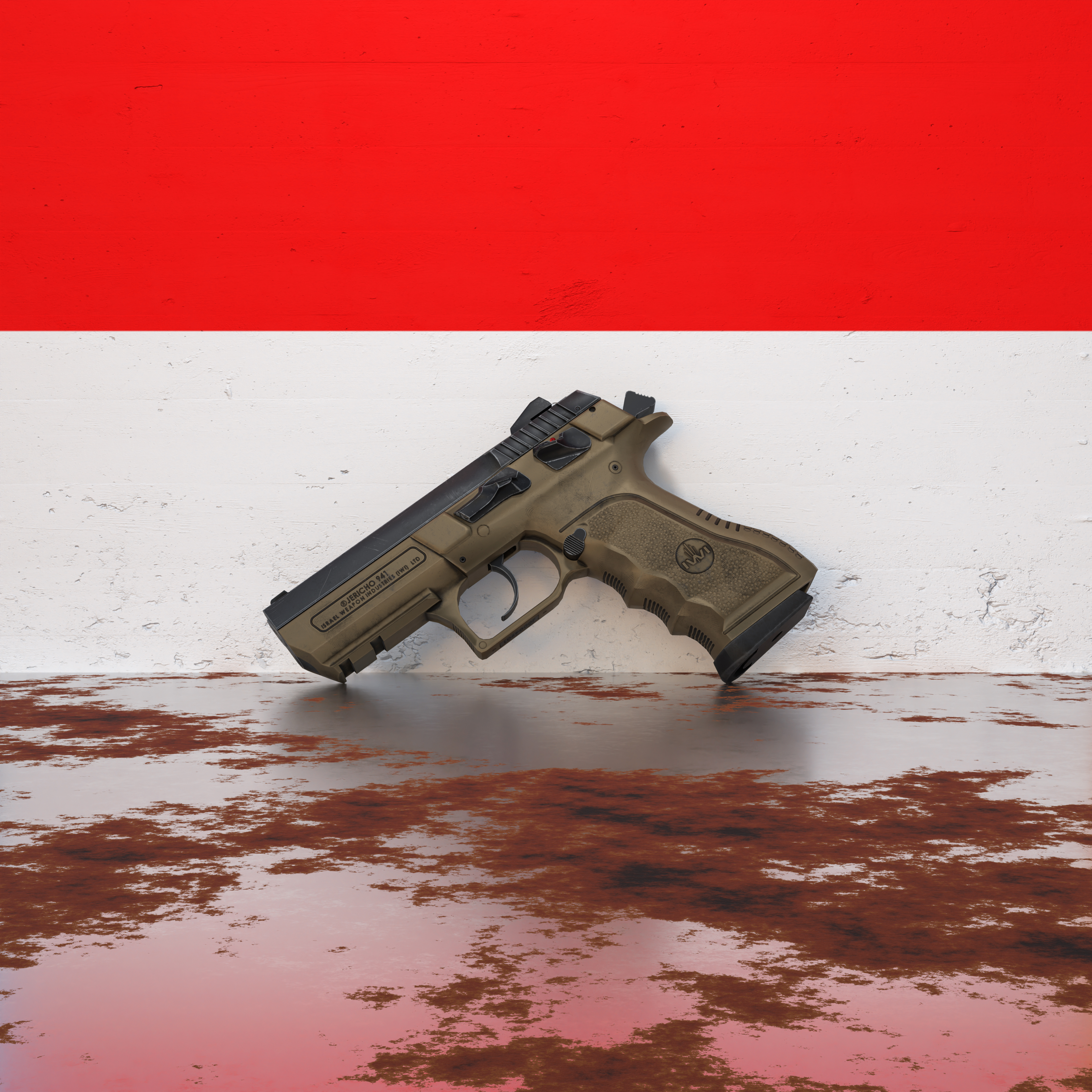 A pistol in front of a wall featuring the flag of Indonesia