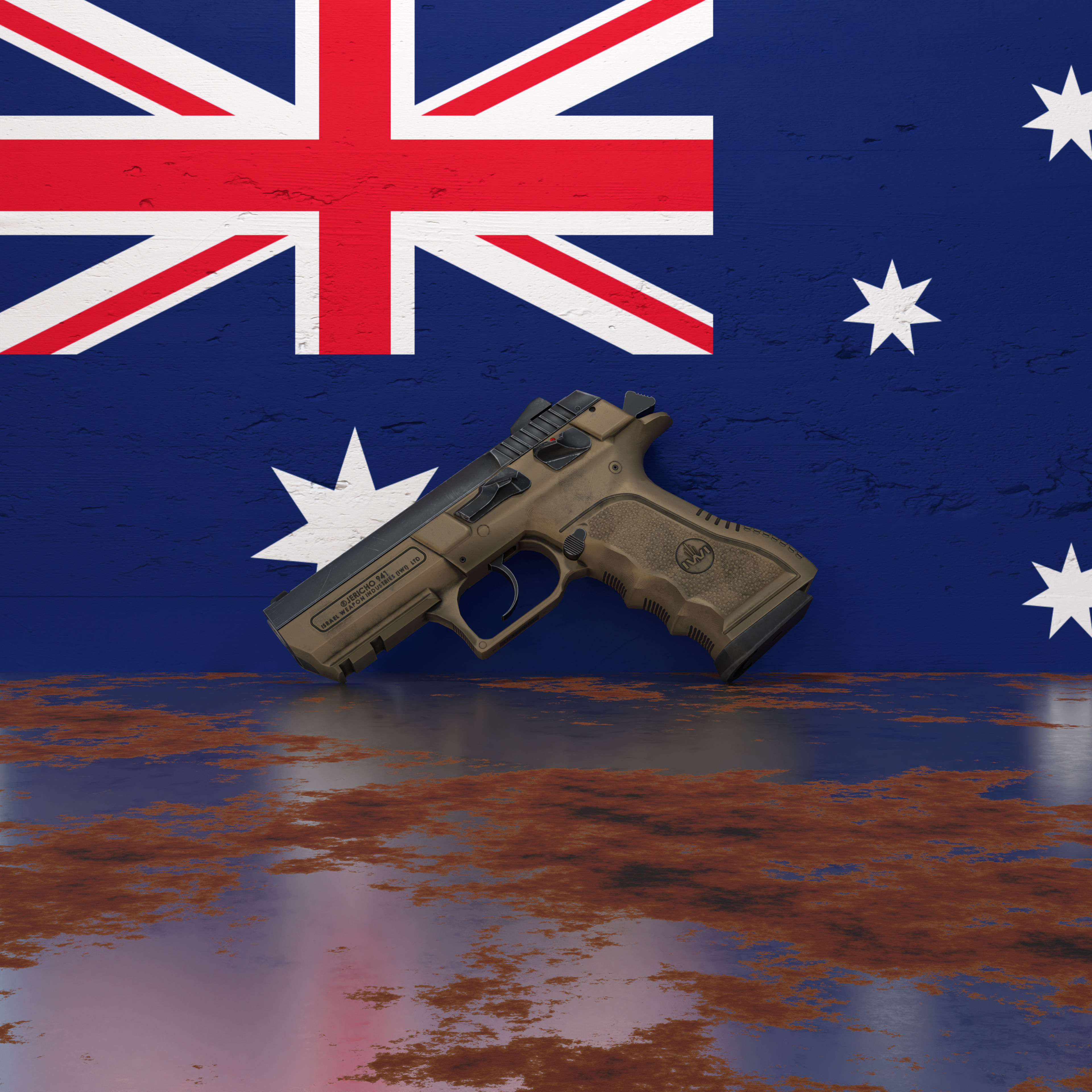 A pistol in front of a wall featuring the flag of Australia