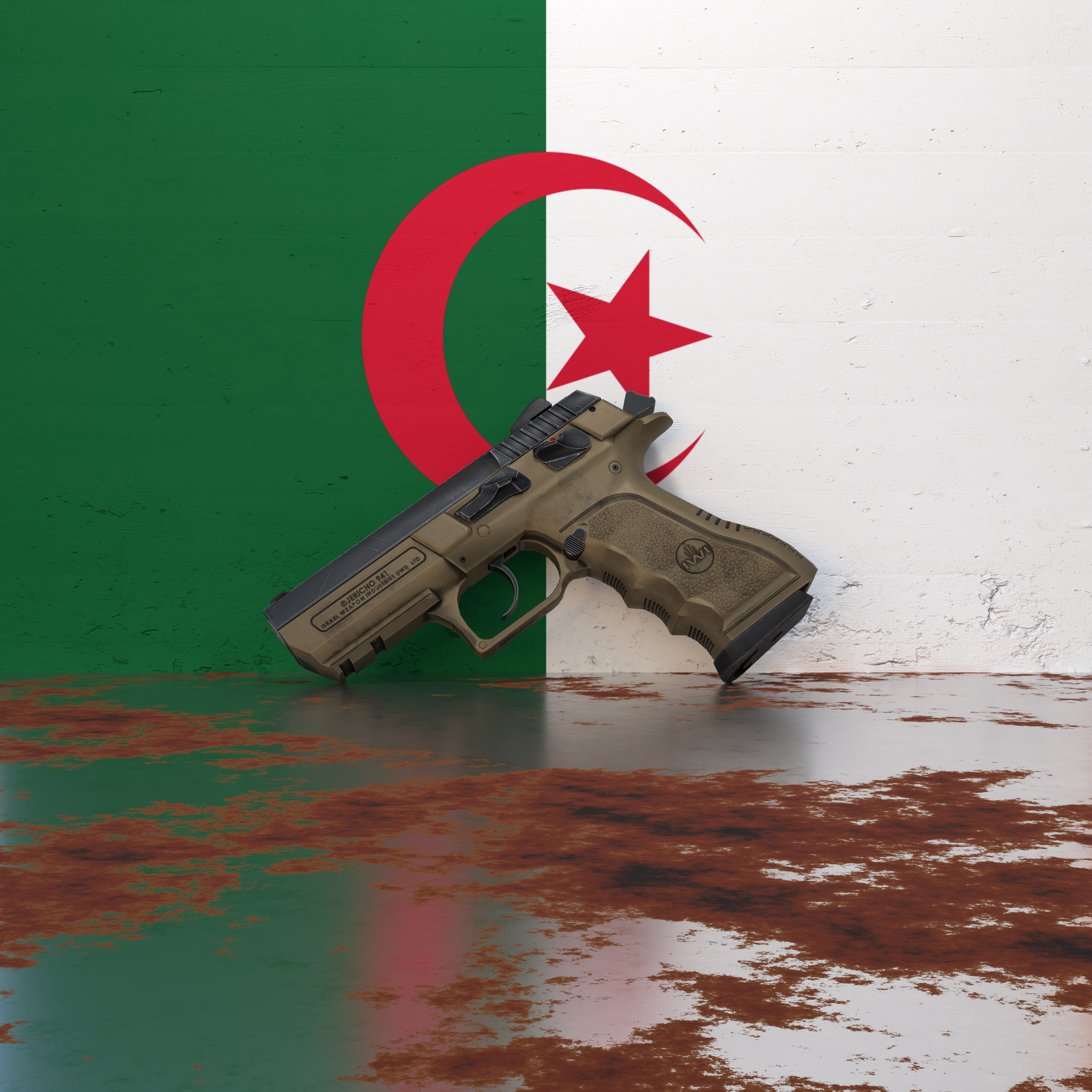 A pistol in front of a wall featuring the flag of Algeria
