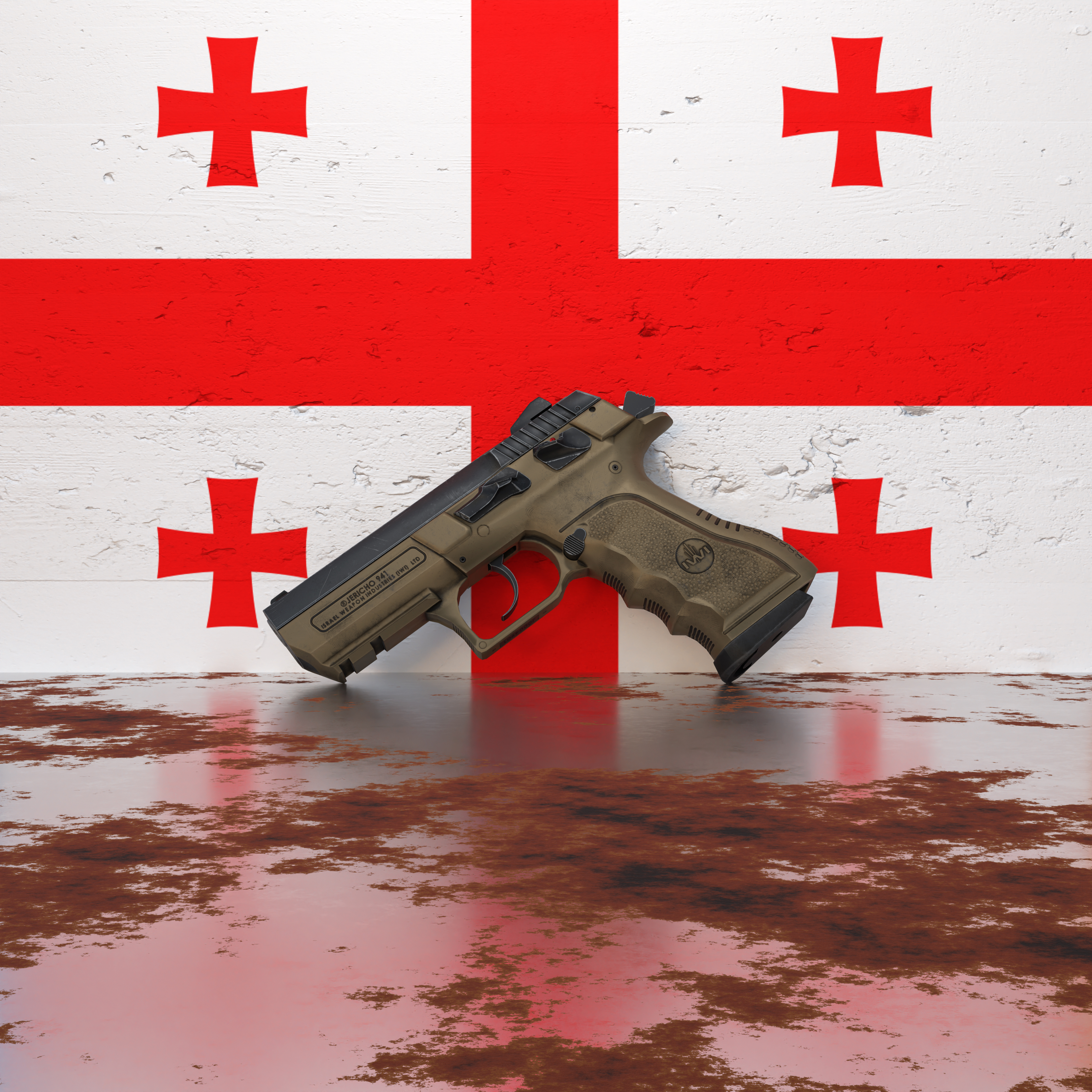 A pistol in front of a wall featuring the flag of Georgia