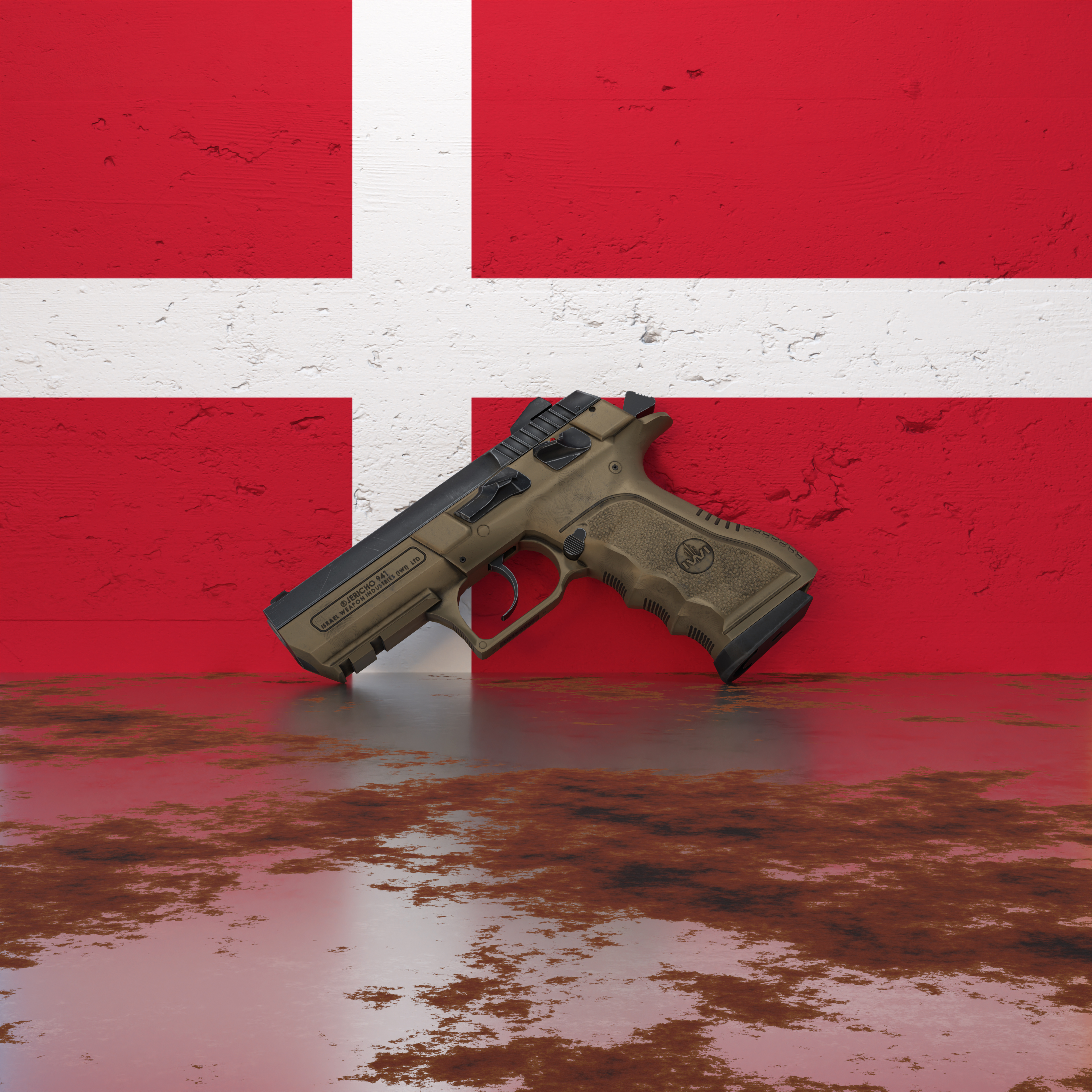 A pistol in front of a wall featuring the flag of Denmark