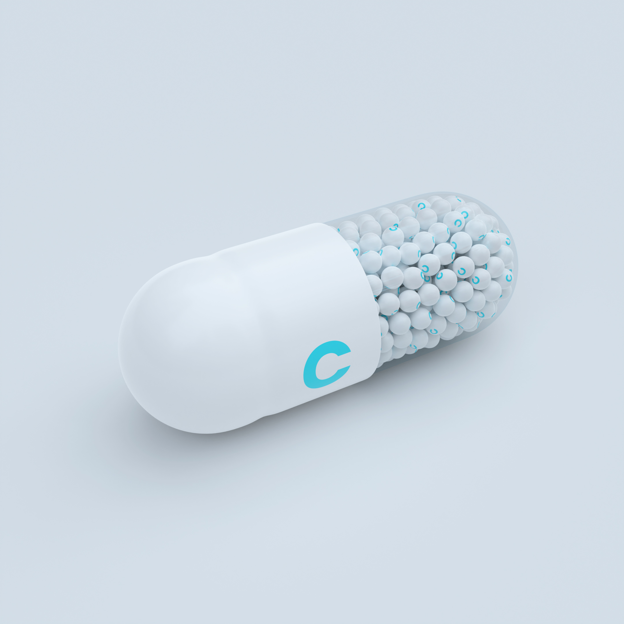 Vitamin C With White Capsules, Granules and White Background