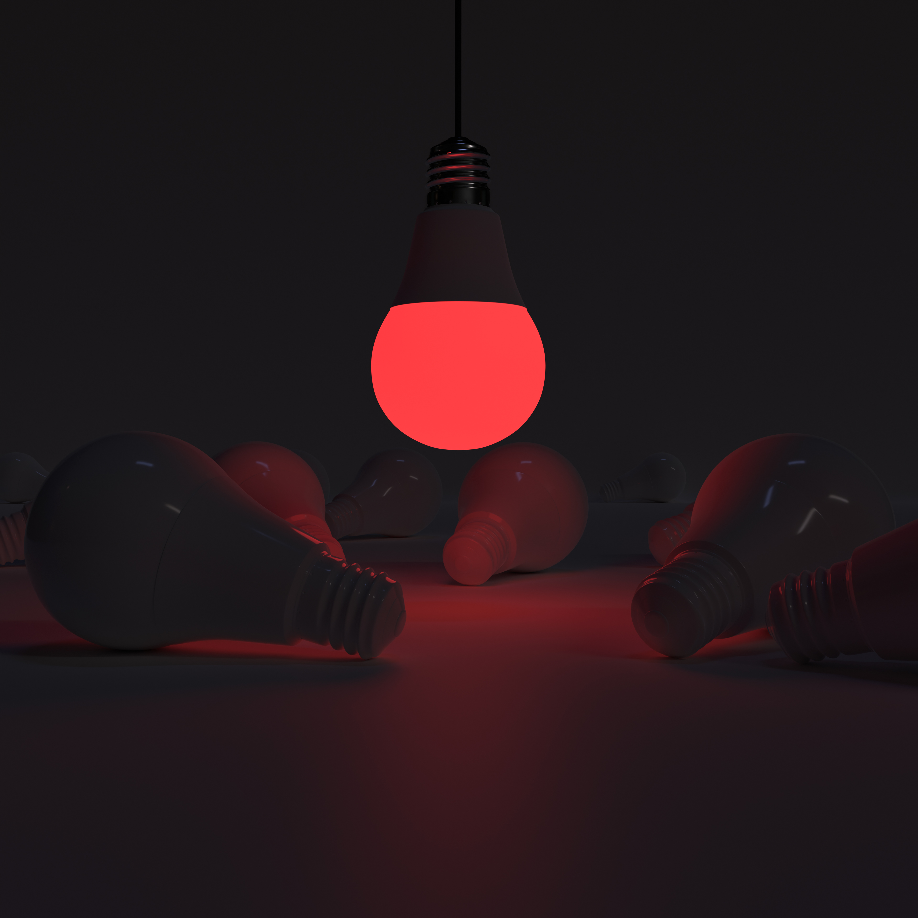 One of Lightbulb (upside down) glowing among shutdown light bulb (Red)