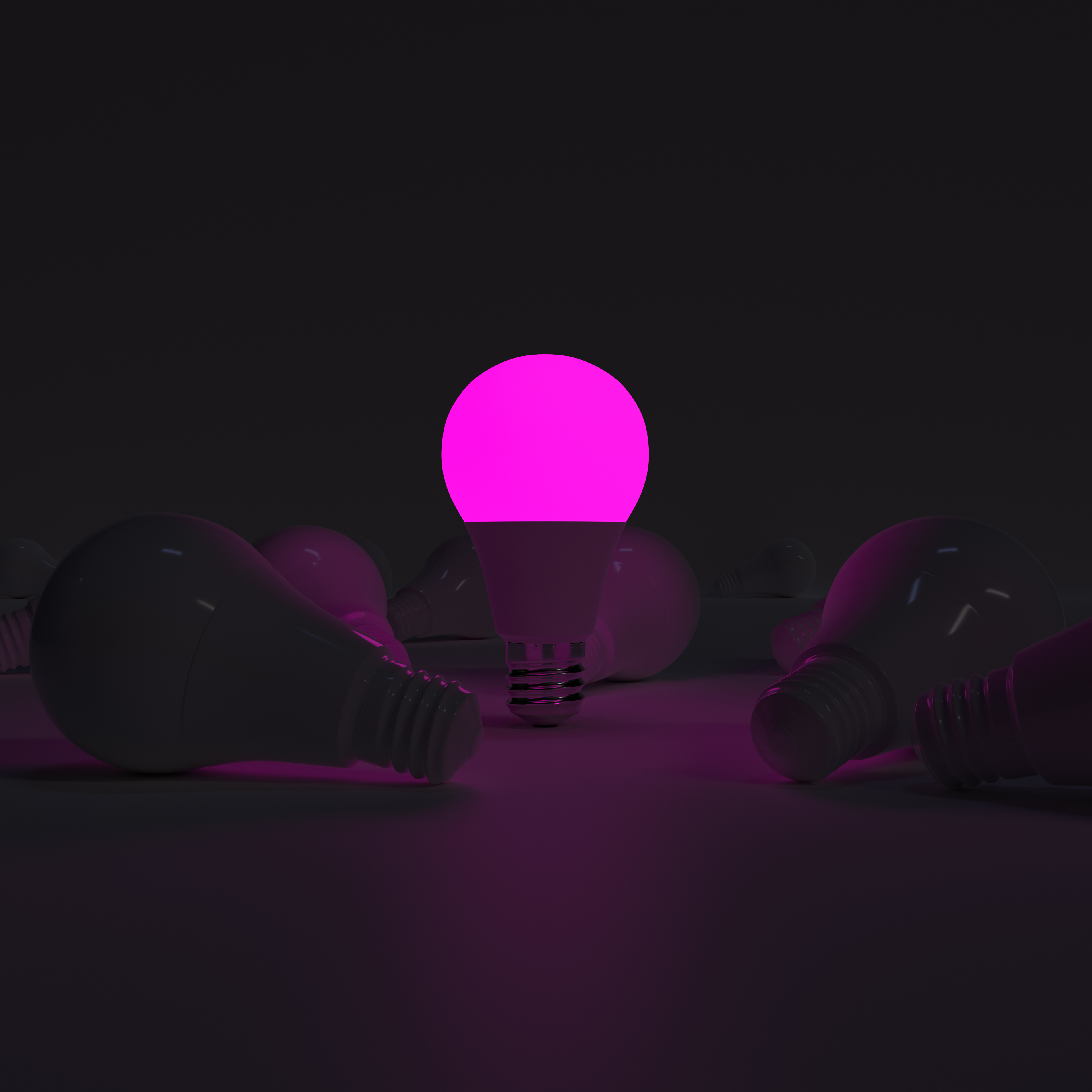 One of Lightbulb glowing among shutdown light bulb (Purple)