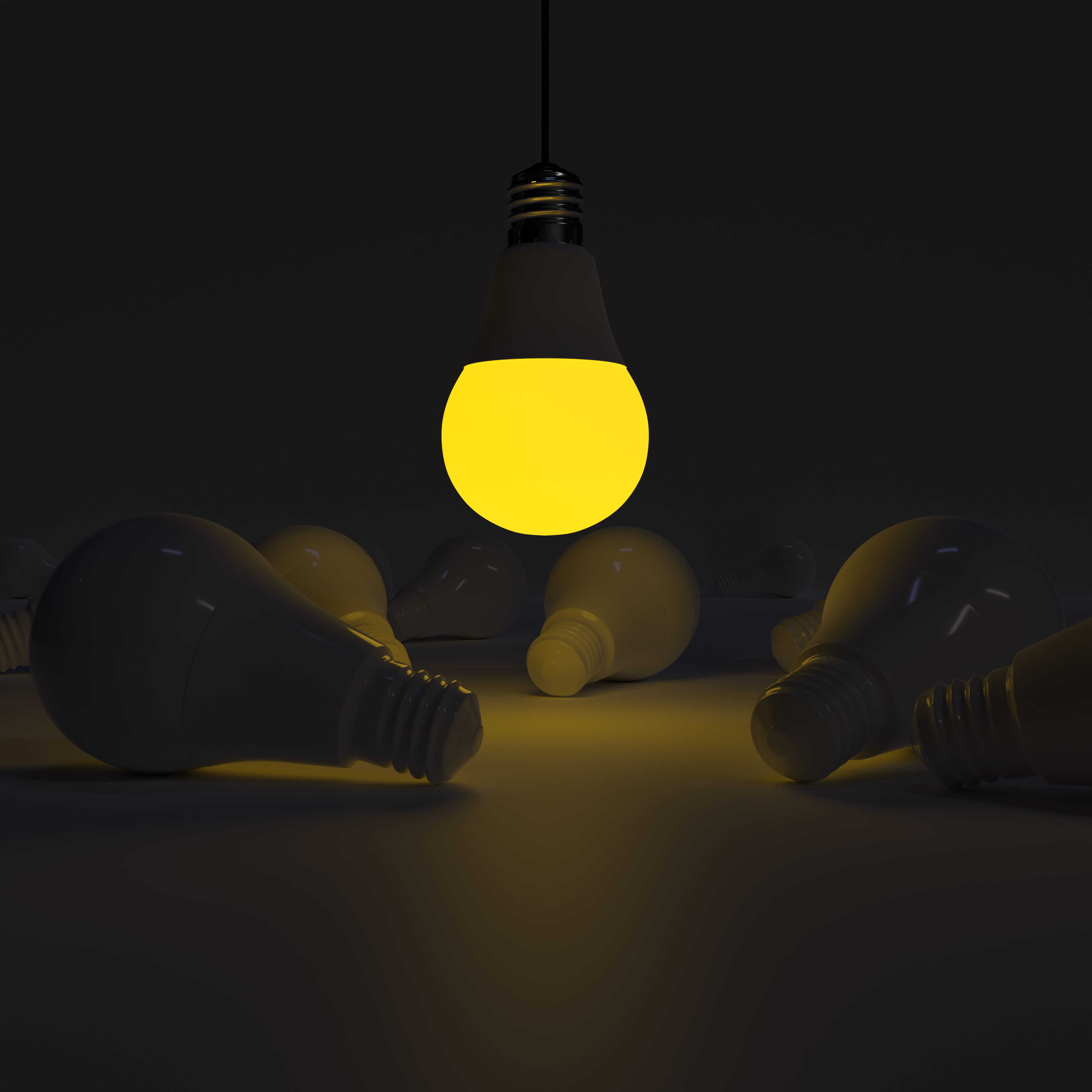 One of Lightbulb (upside down) glowing among shutdown light bulb (Yellow)