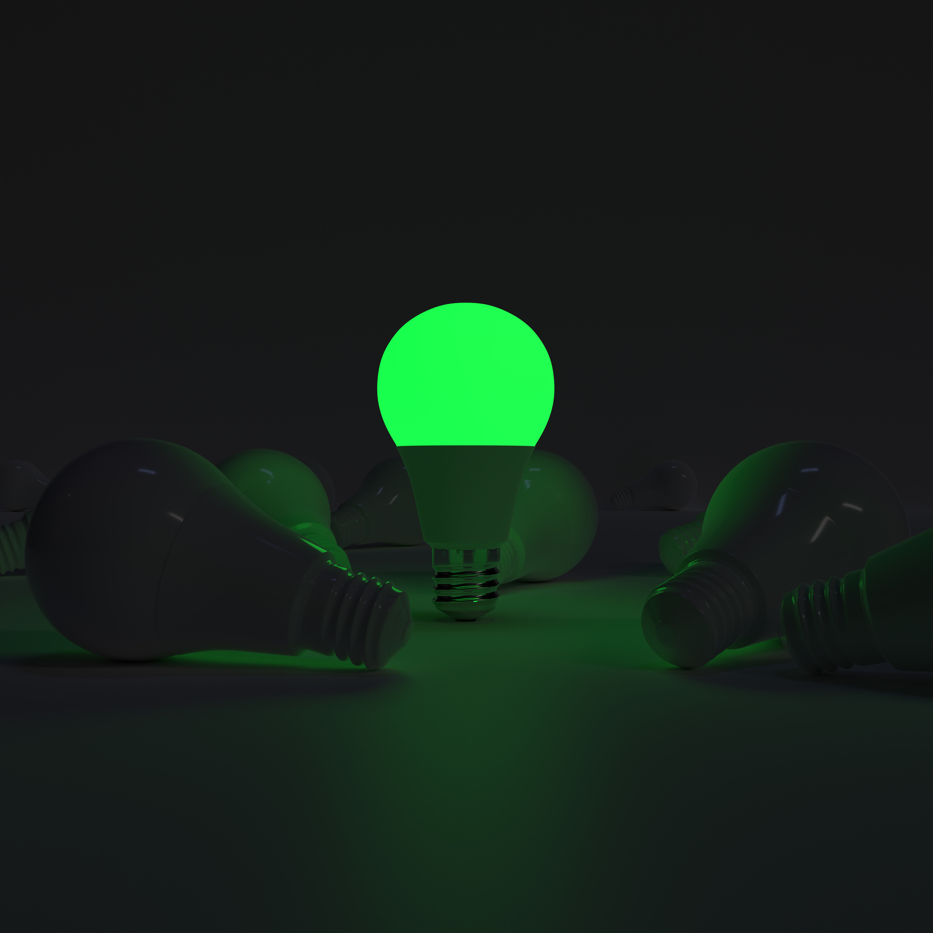 One of Lightbulb glowing among shutdown light bulb (Green)