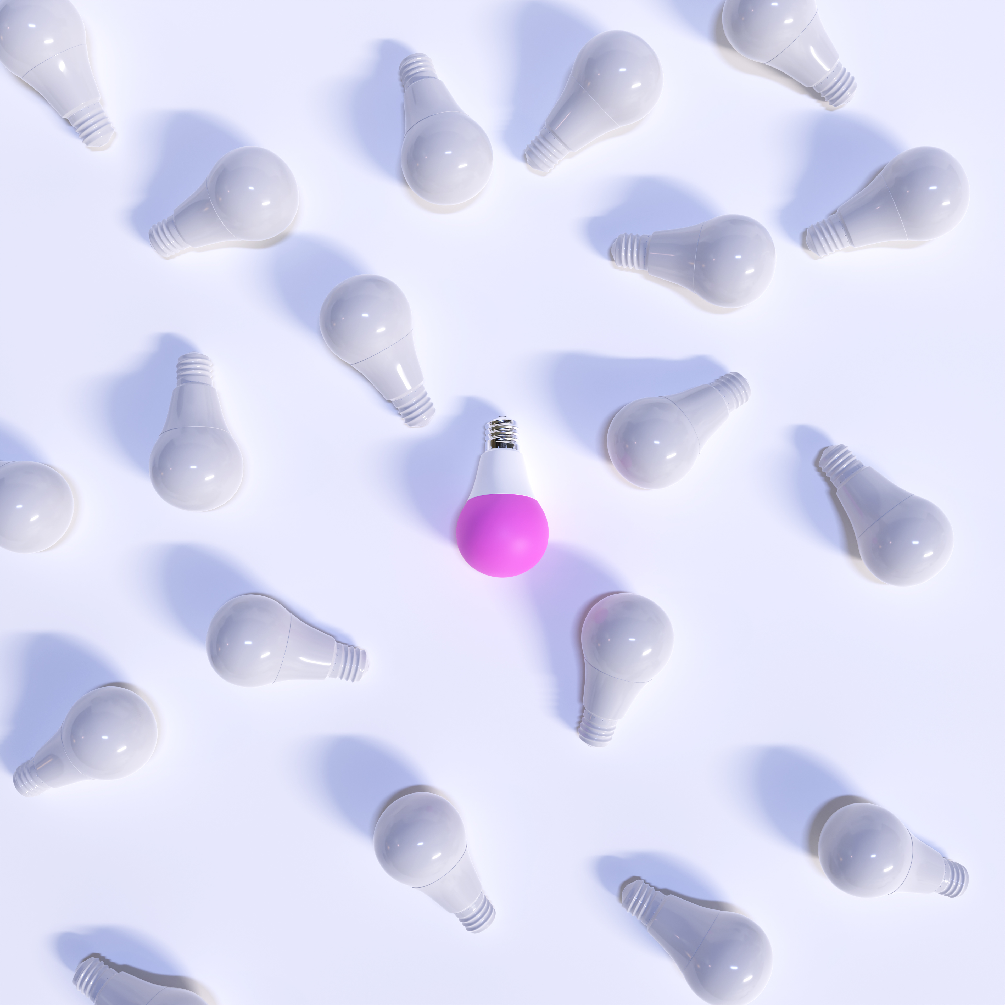 One Purple Lightbulb among shutdown and deactivated light bulbs