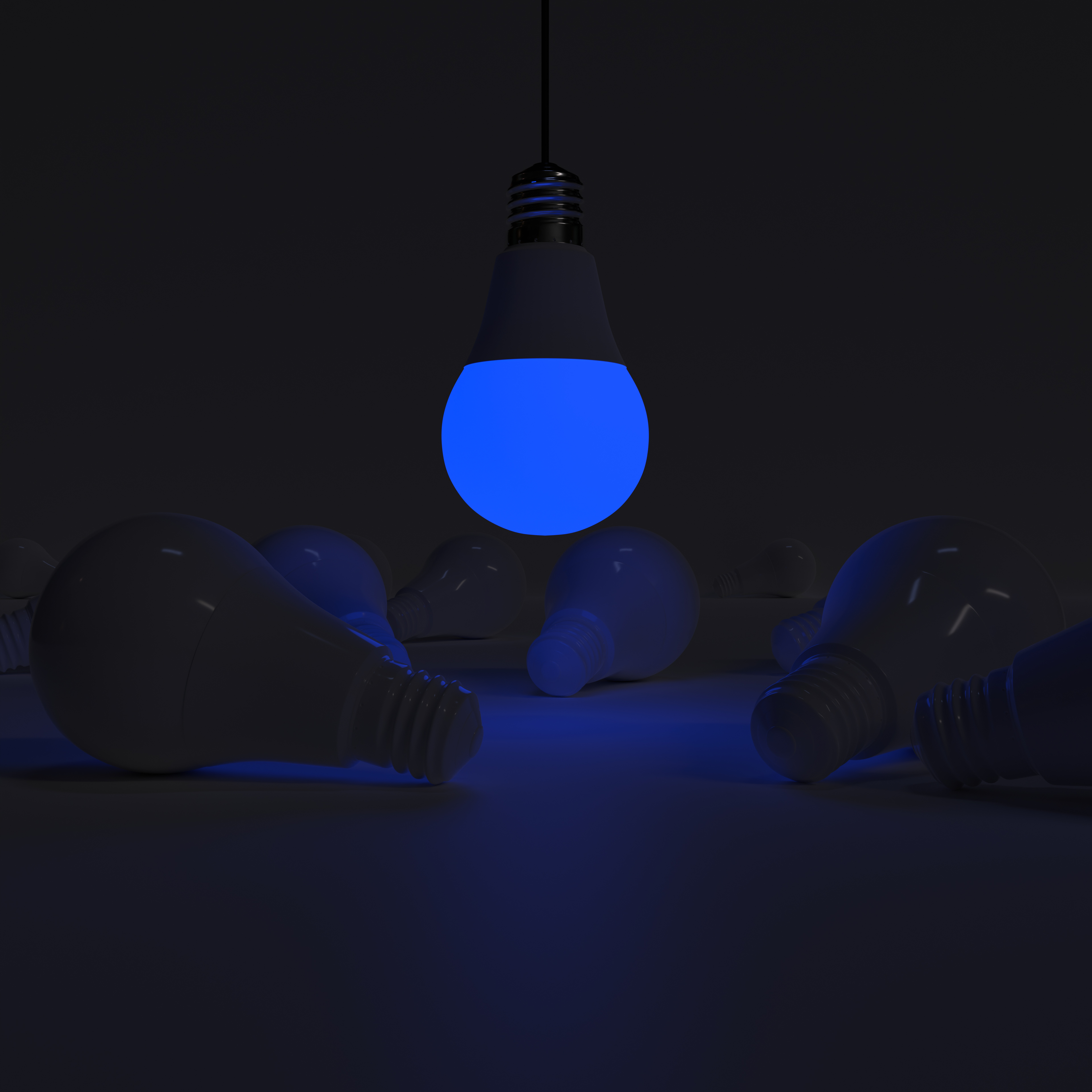 One of Lightbulb (upside down) glowing among shutdown light bulb (Blue)
