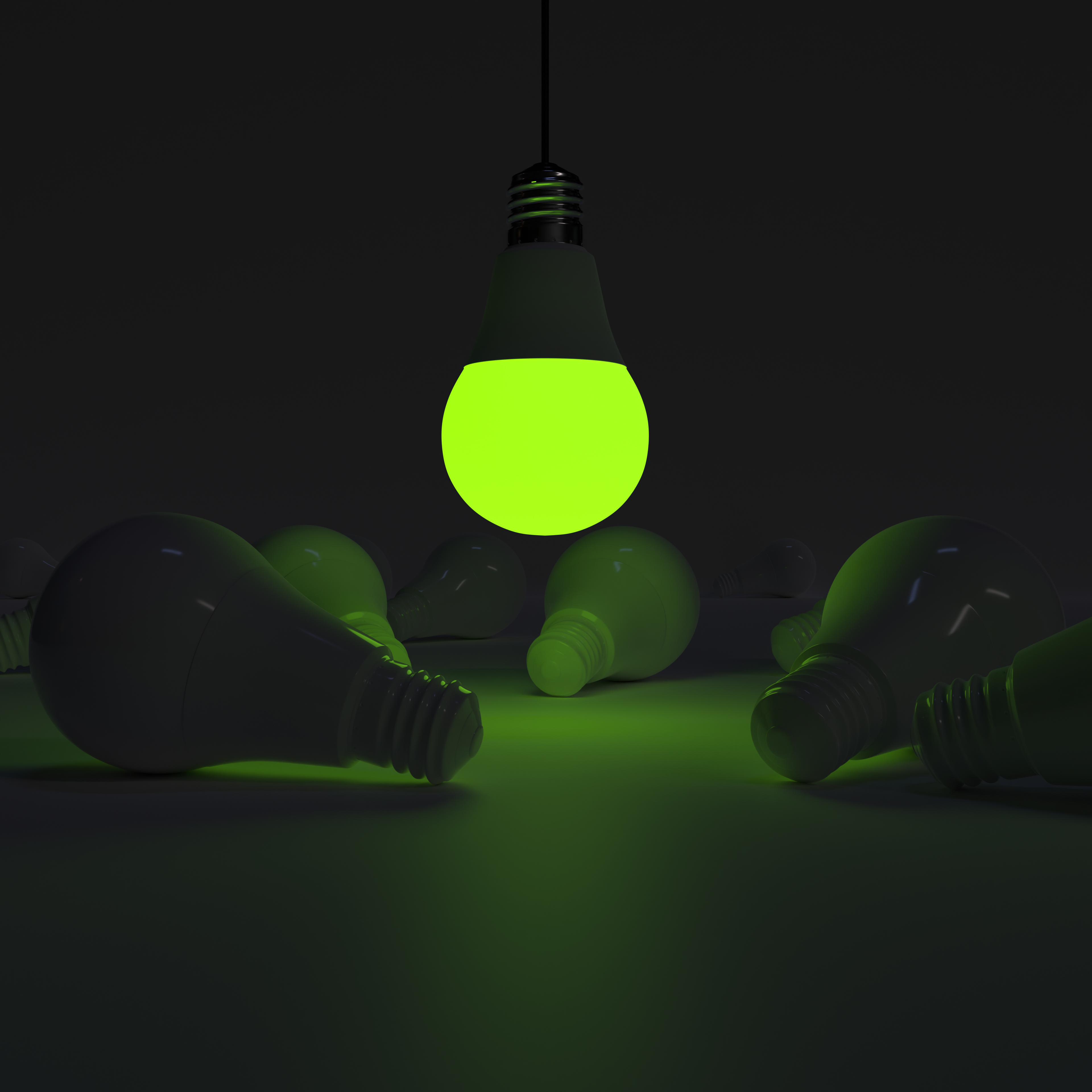 One of Lightbulb (upside down) glowing among shutdown light bulb (Green)