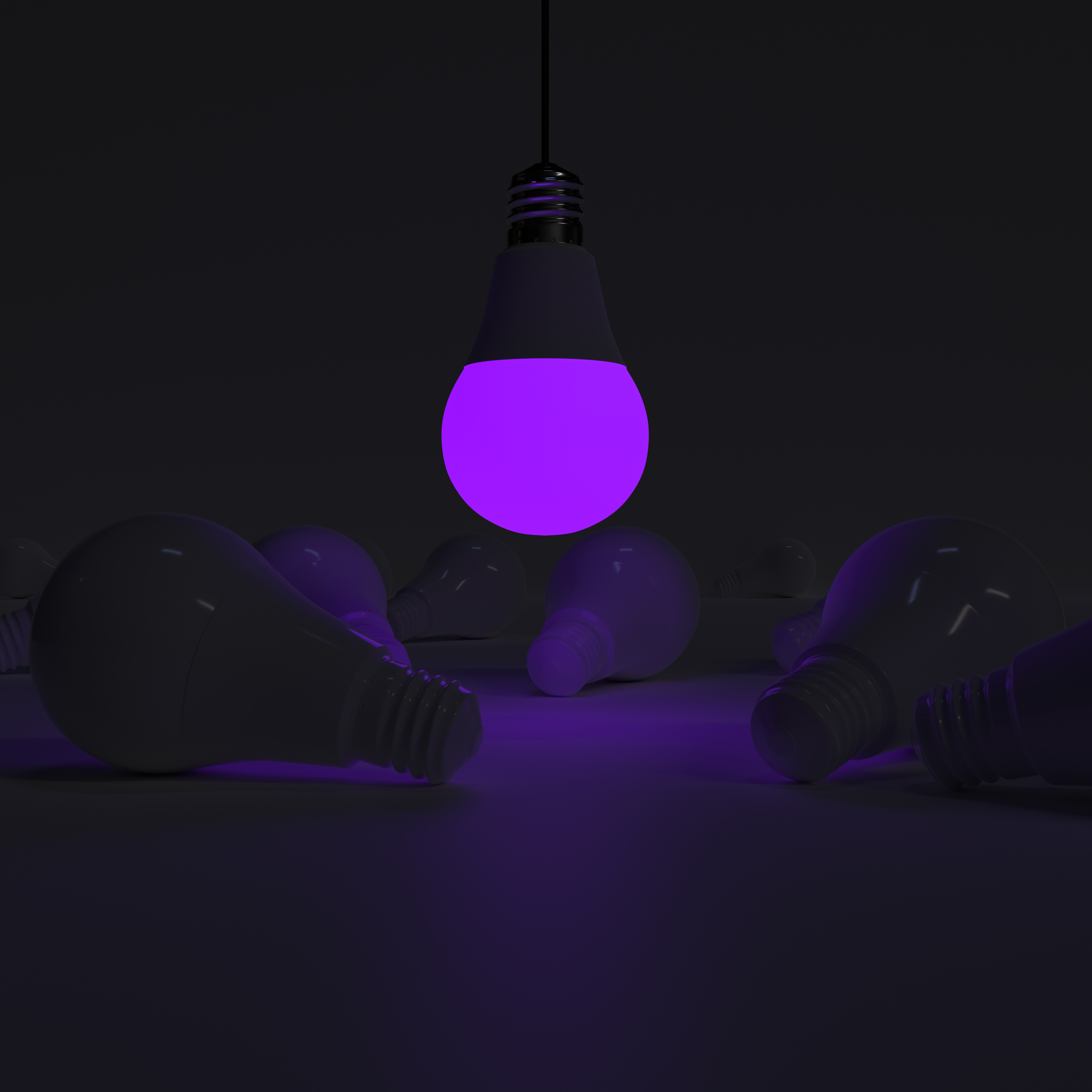 One of Lightbulb (upside down) glowing among shutdown light bulb (Purple)