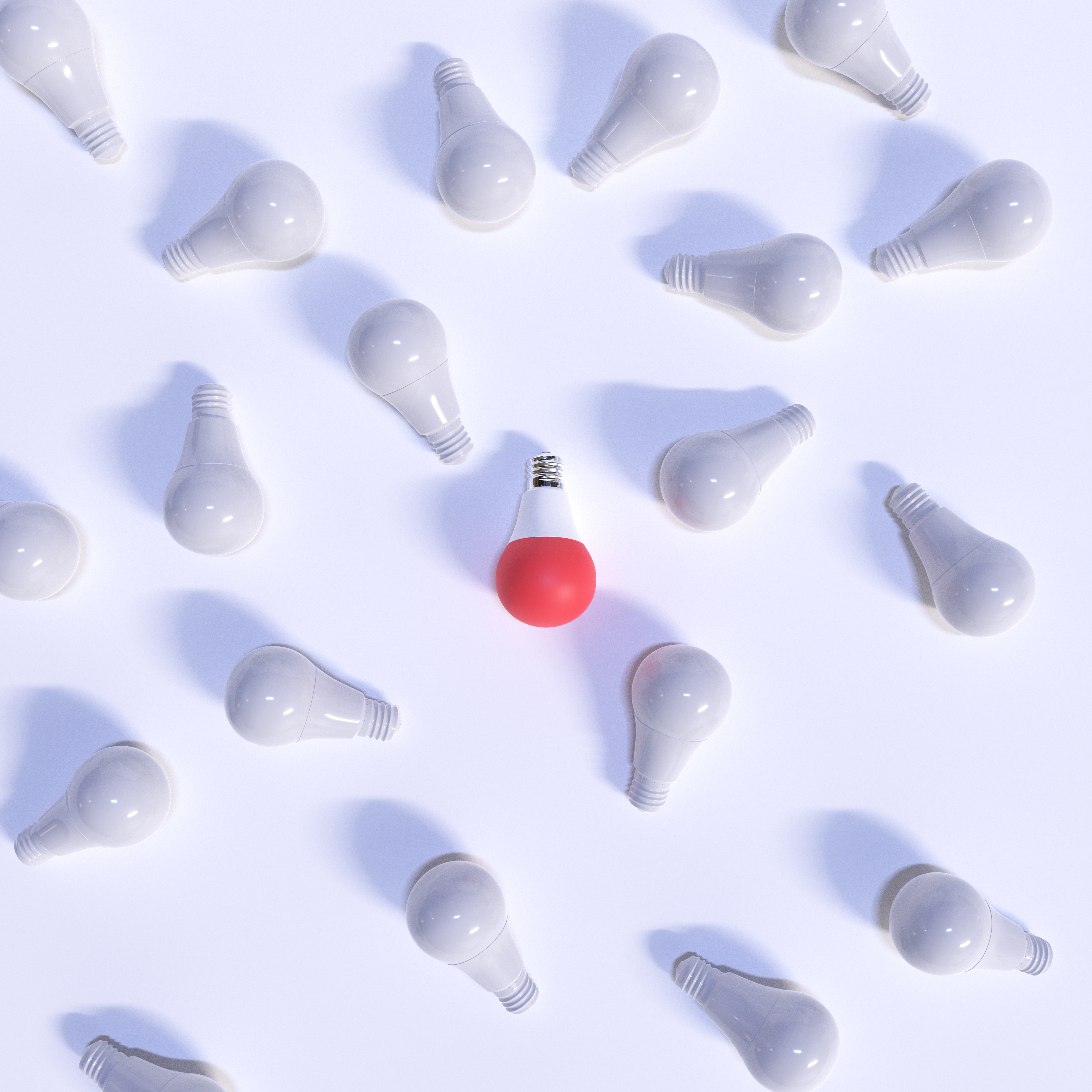 One Red Lightbulb among shutdown and deactivated light bulbs