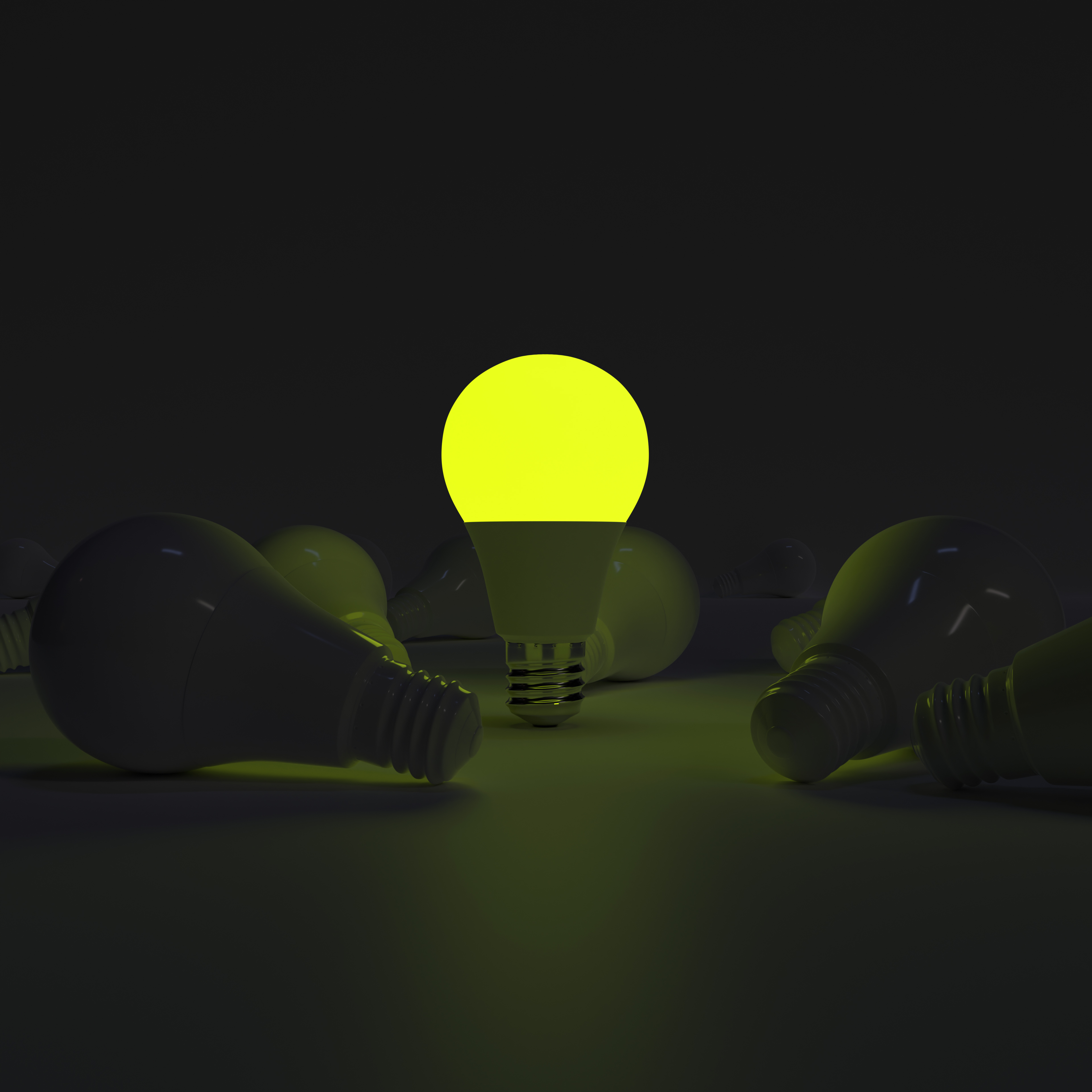 One of Lightbulb glowing among shutdown light bulb (Yellow)
