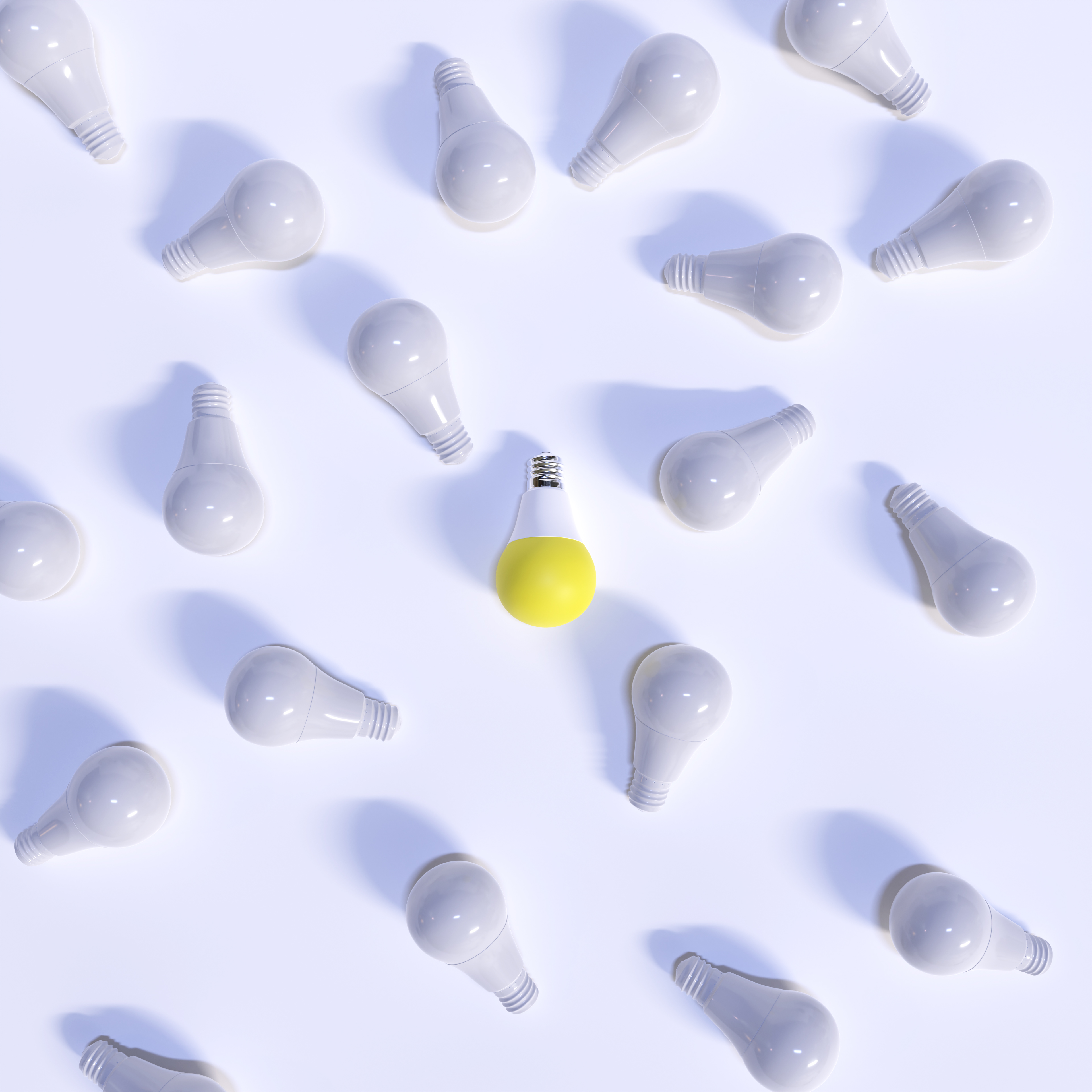 One Yellow Lightbulb among shutdown and deactivated light bulbs