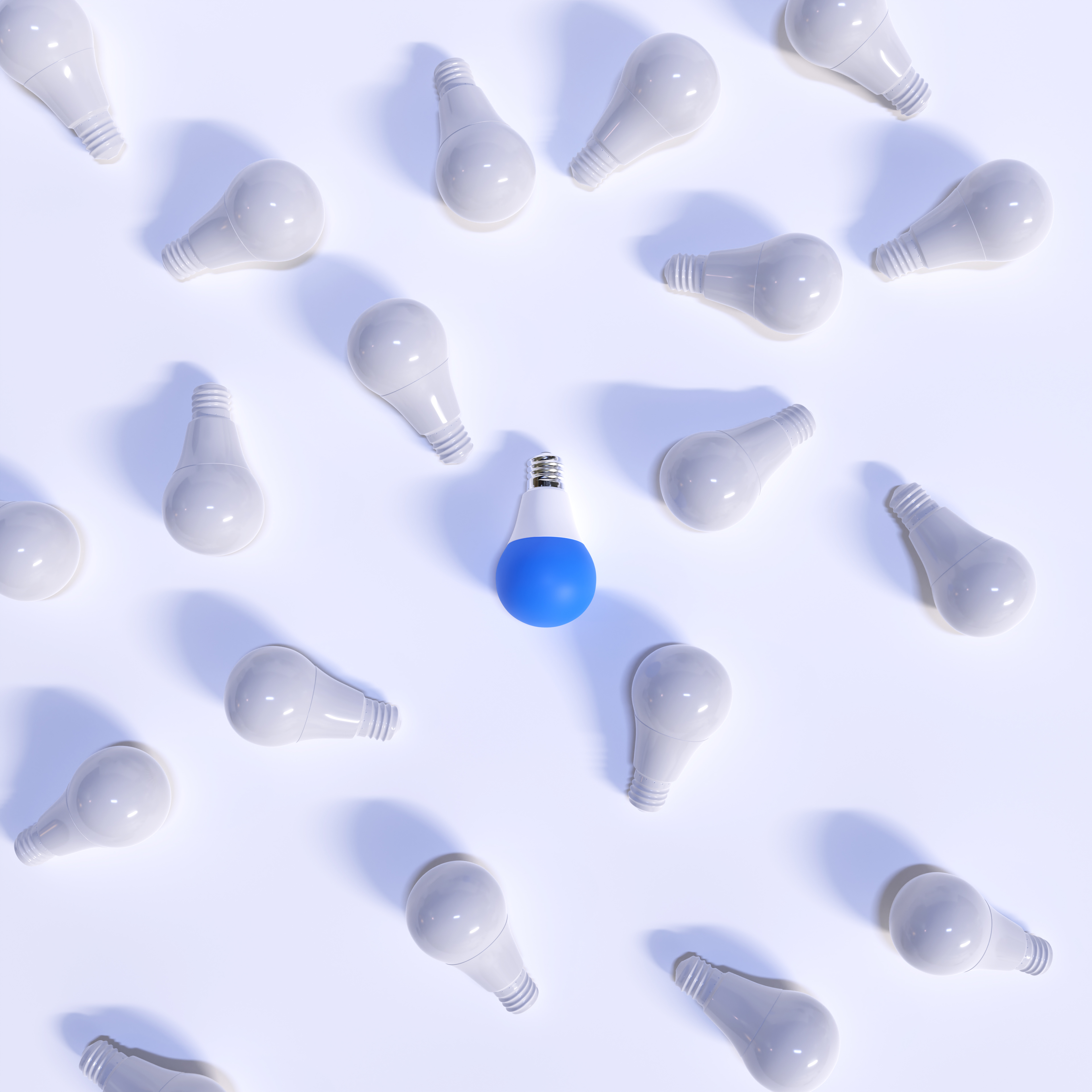 One Blue Lightbulb among shutdown and deactivated light bulbs