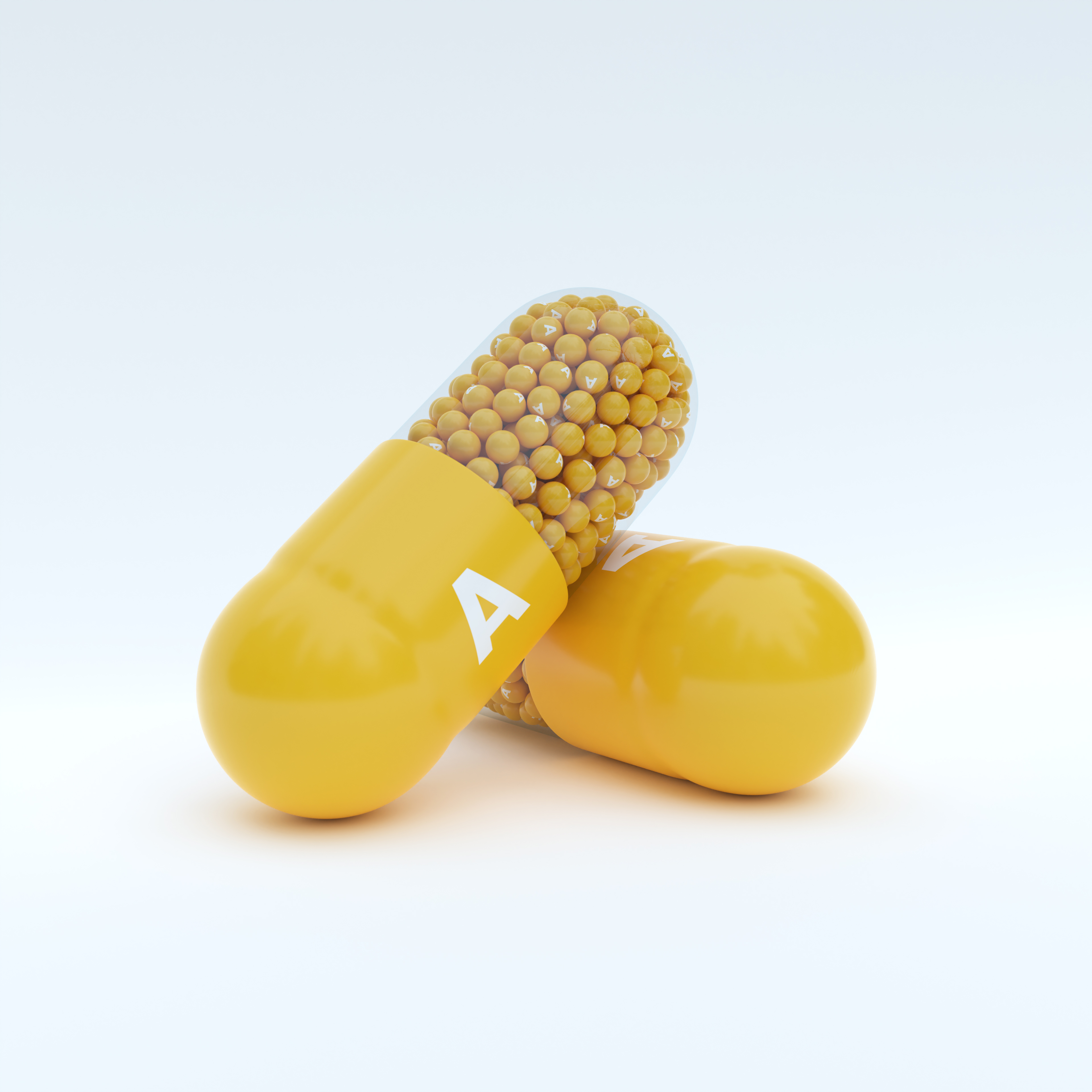 Vitamin A With Yellow Capsule, Granules and White Background