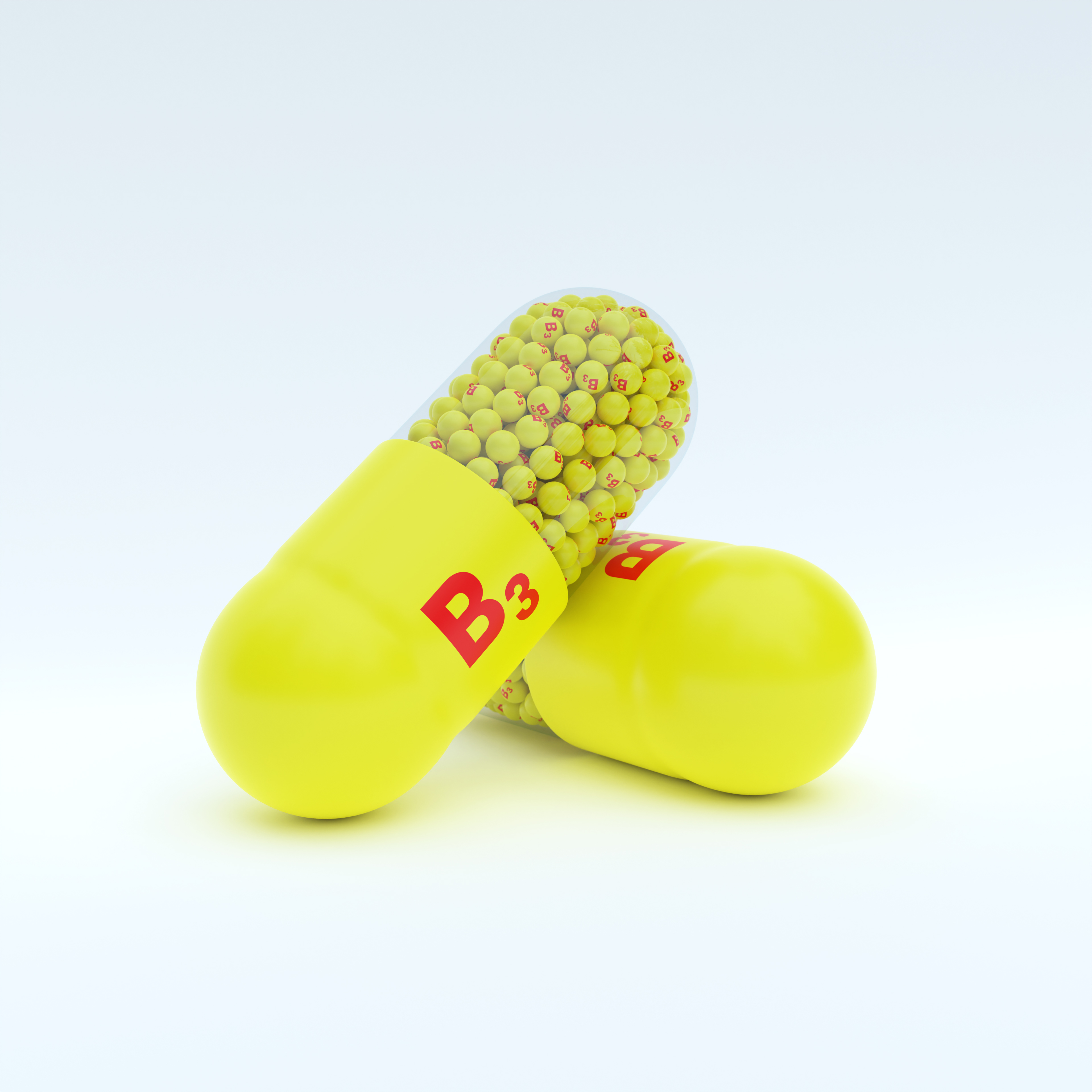 Vitamin B3 With Yellow Capsule, Granules and White Background