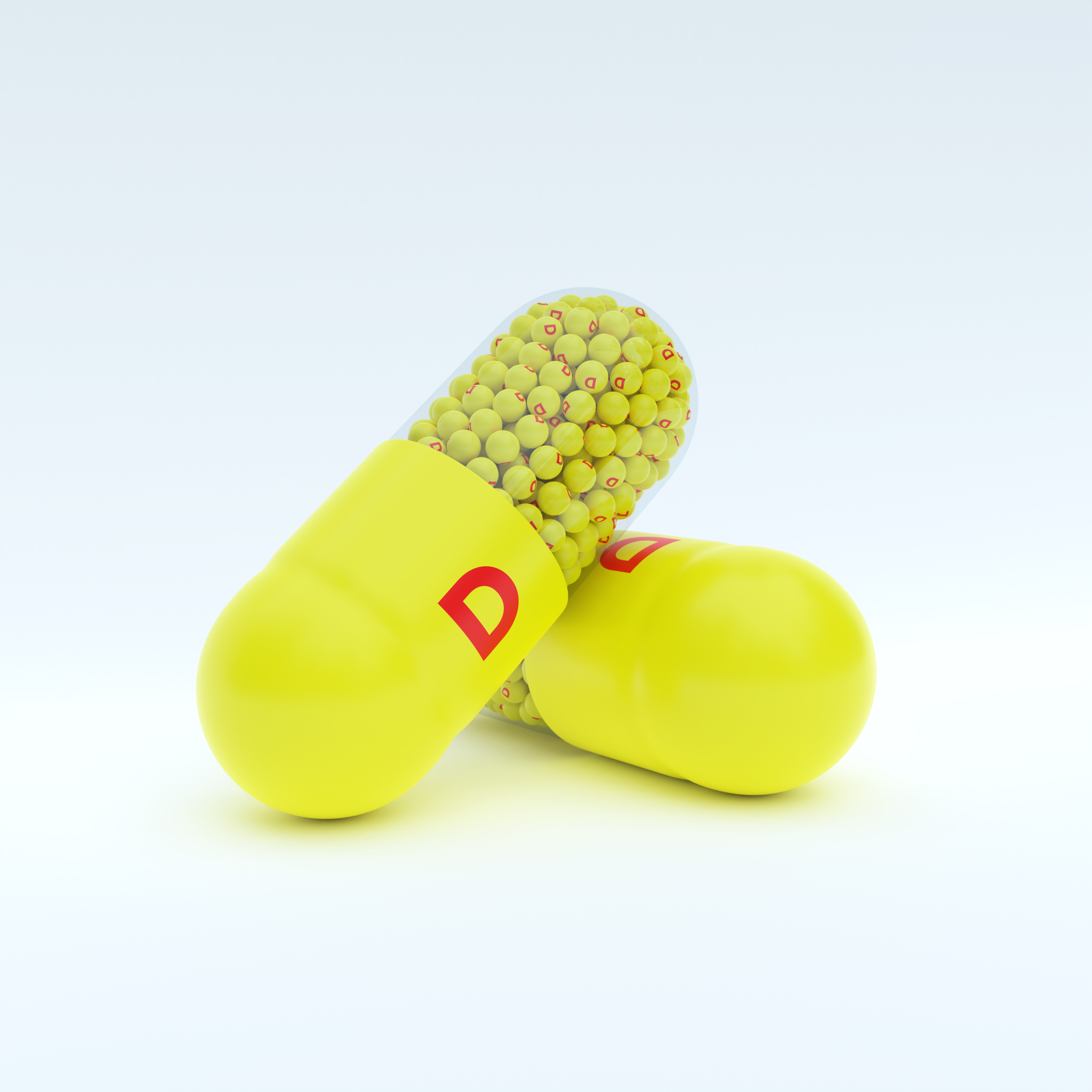 Vitamin D With Yellow Capsule, Granules and White Background