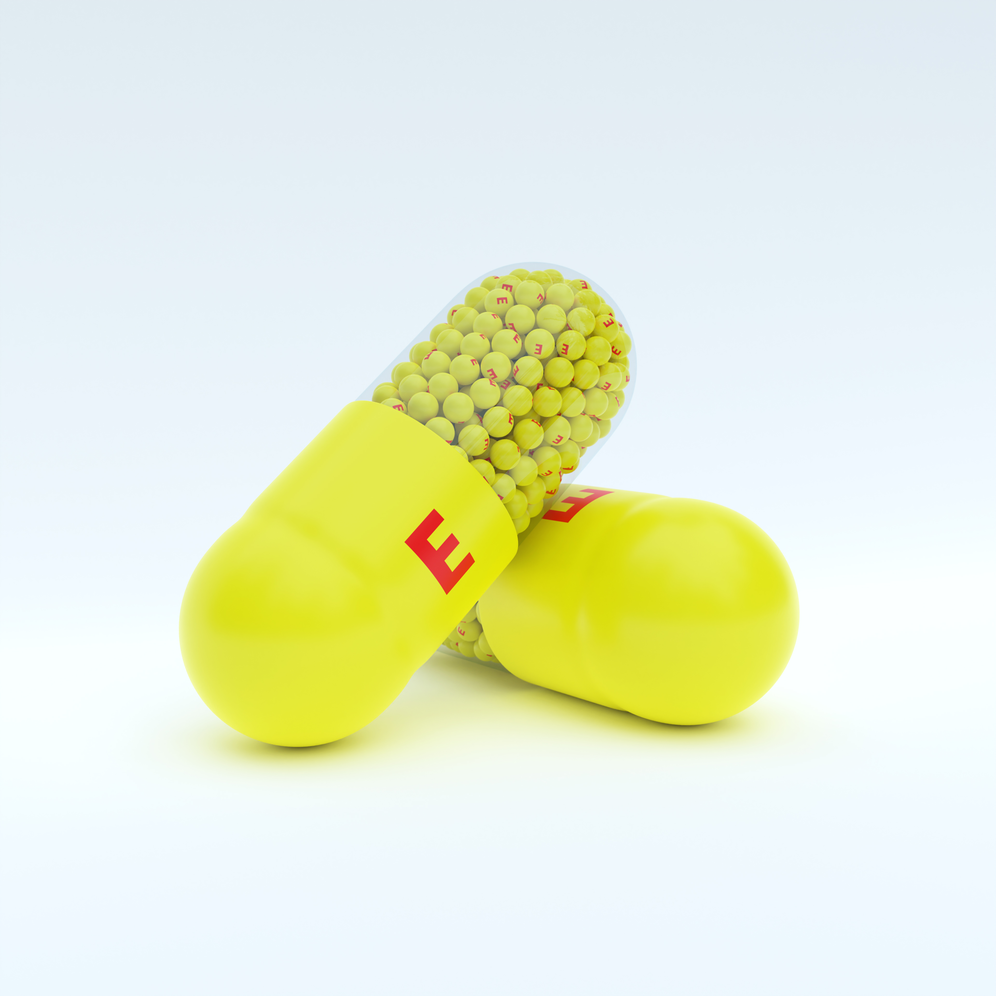 Vitamin E With Yellow Capsule, Granules and White Background
