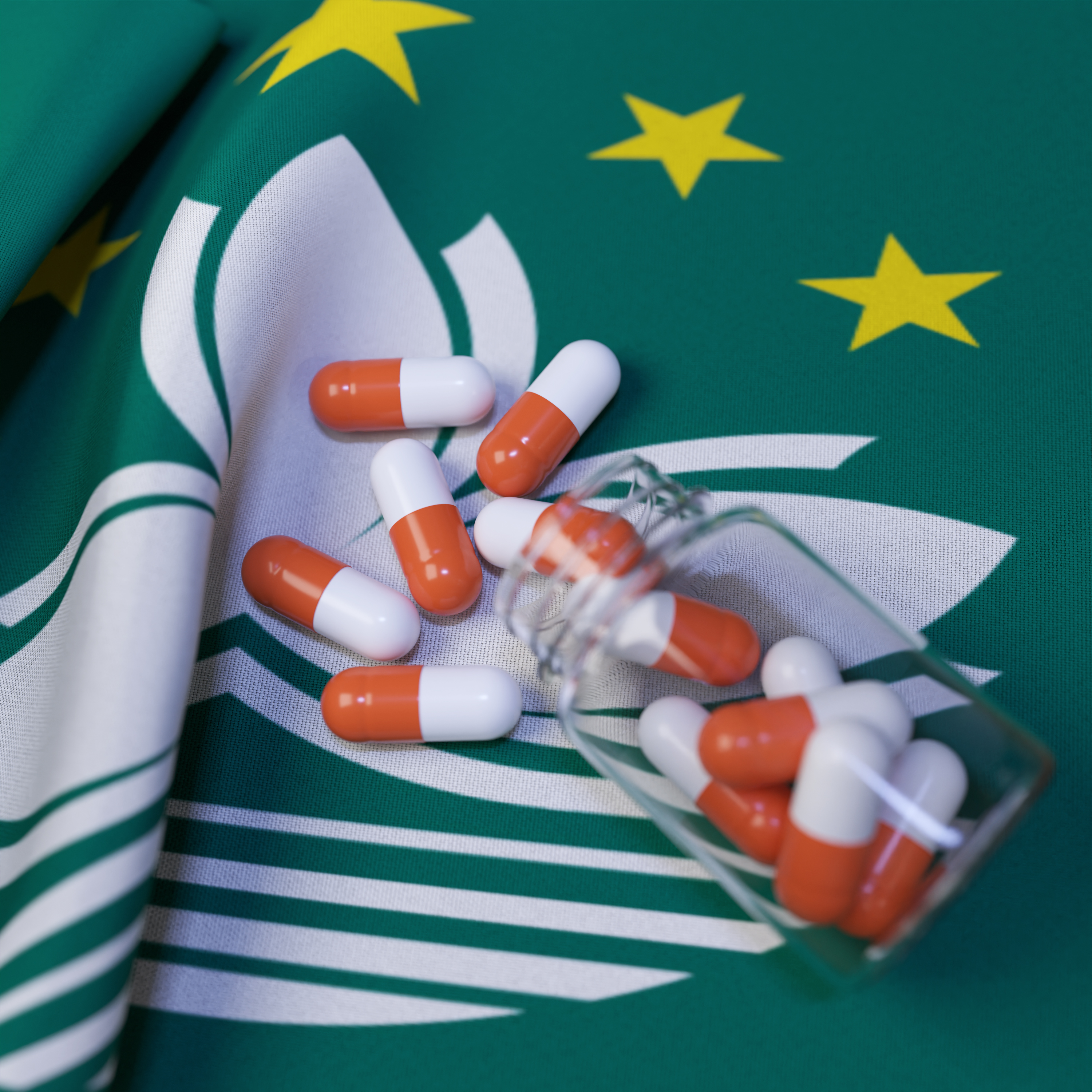 Flag of Macau With Pills and Capsules