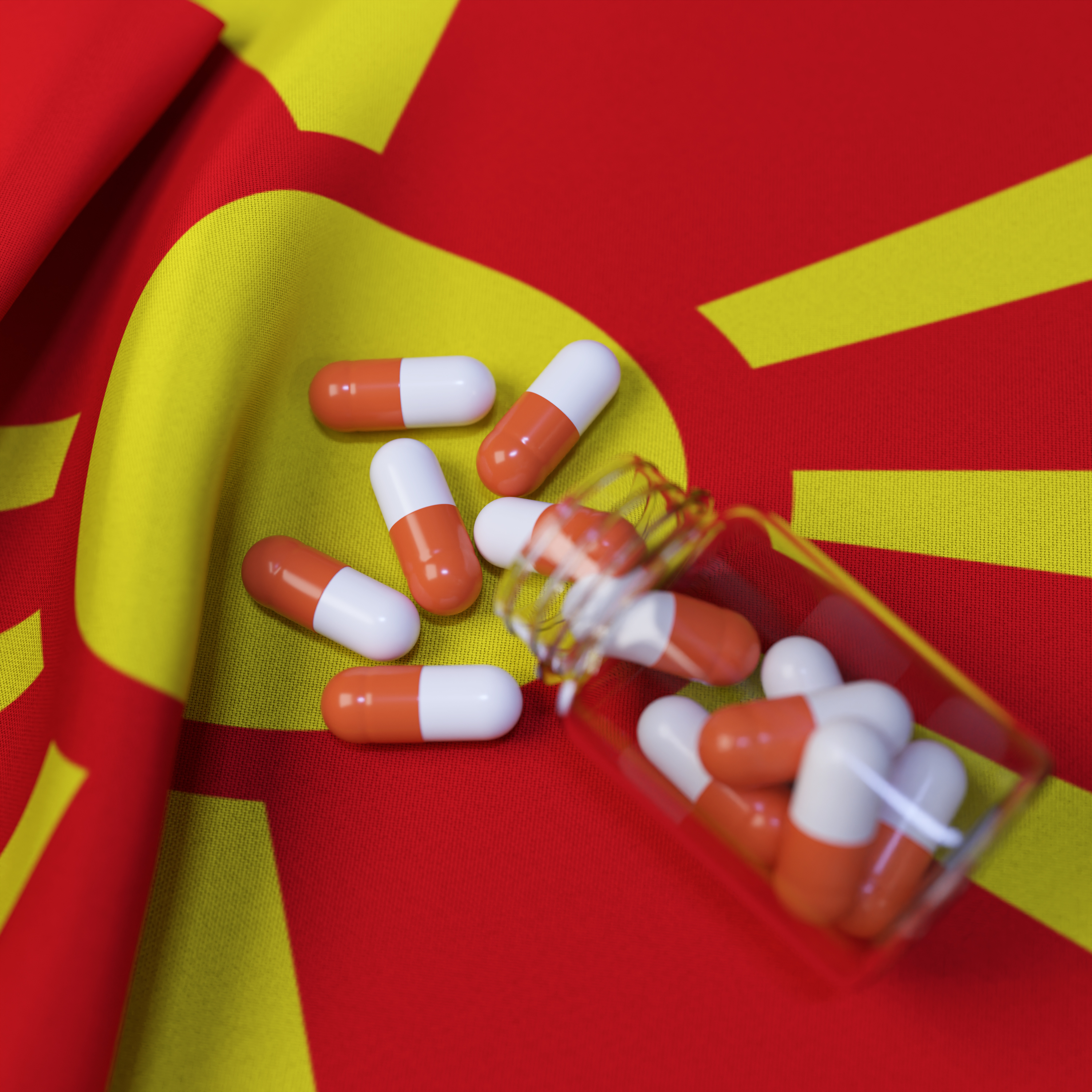 Flag of North Macedonia With Pills and Capsules