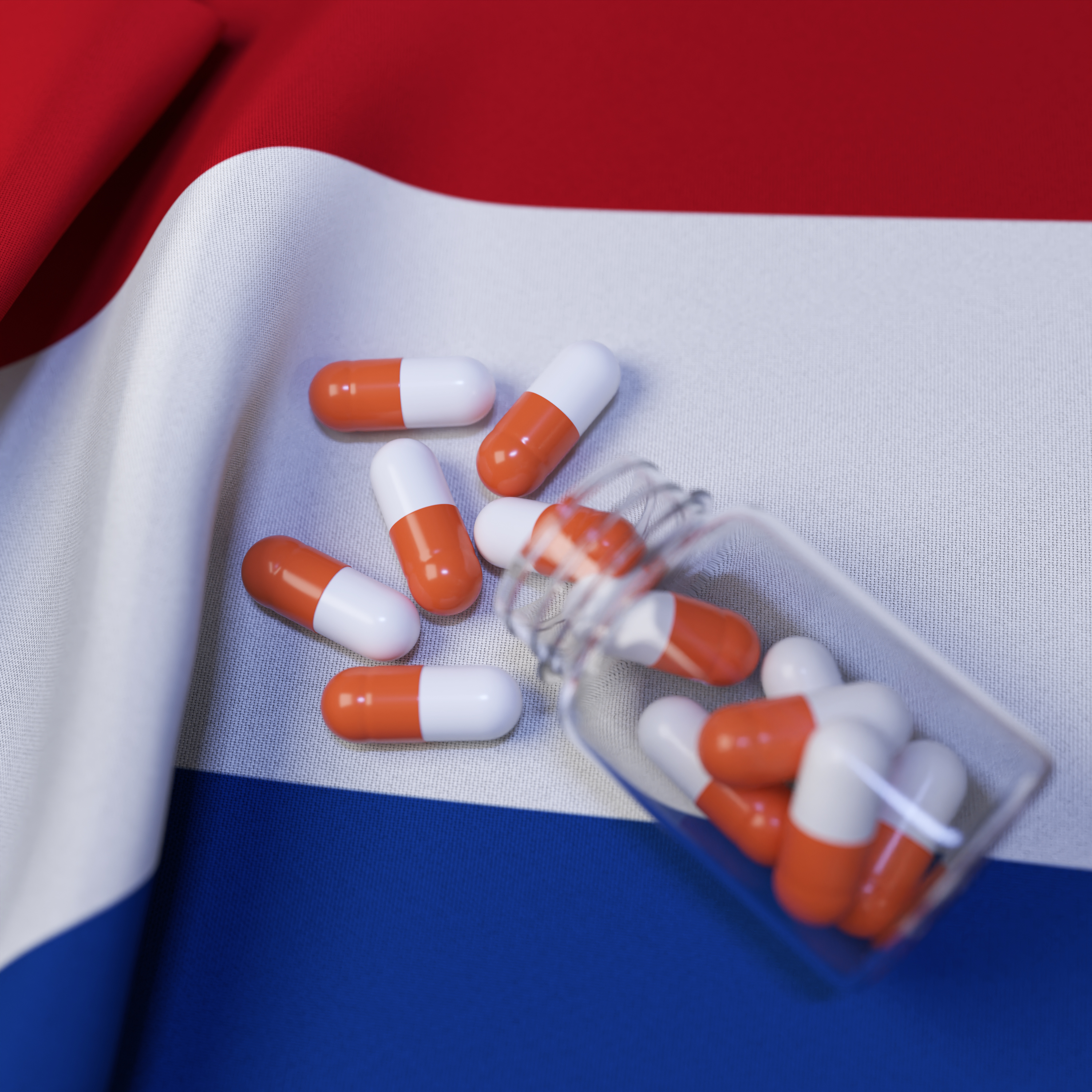 Flag of Netherlands With Pills and Capsules