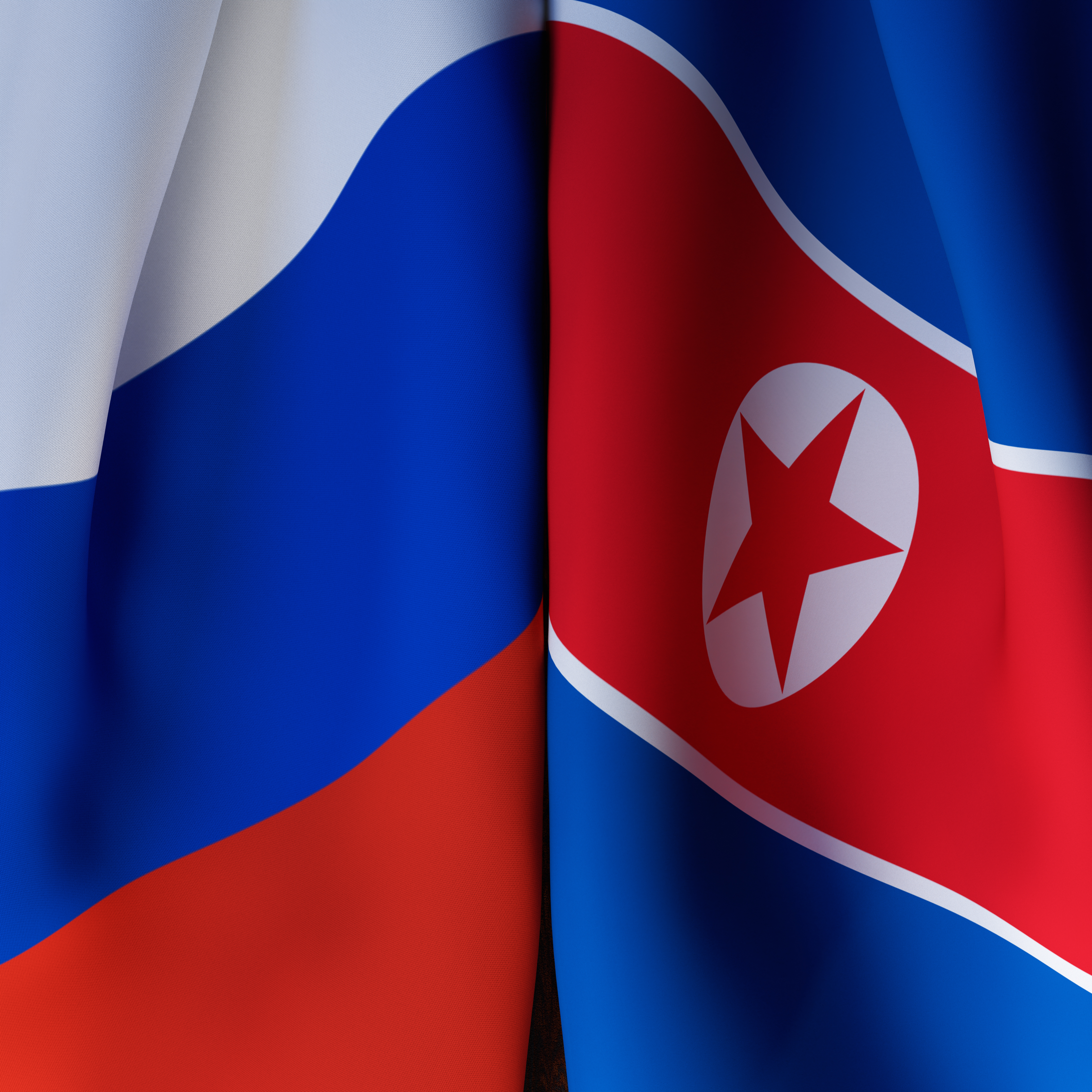 Waving  Flags Of Russia And North Korea
