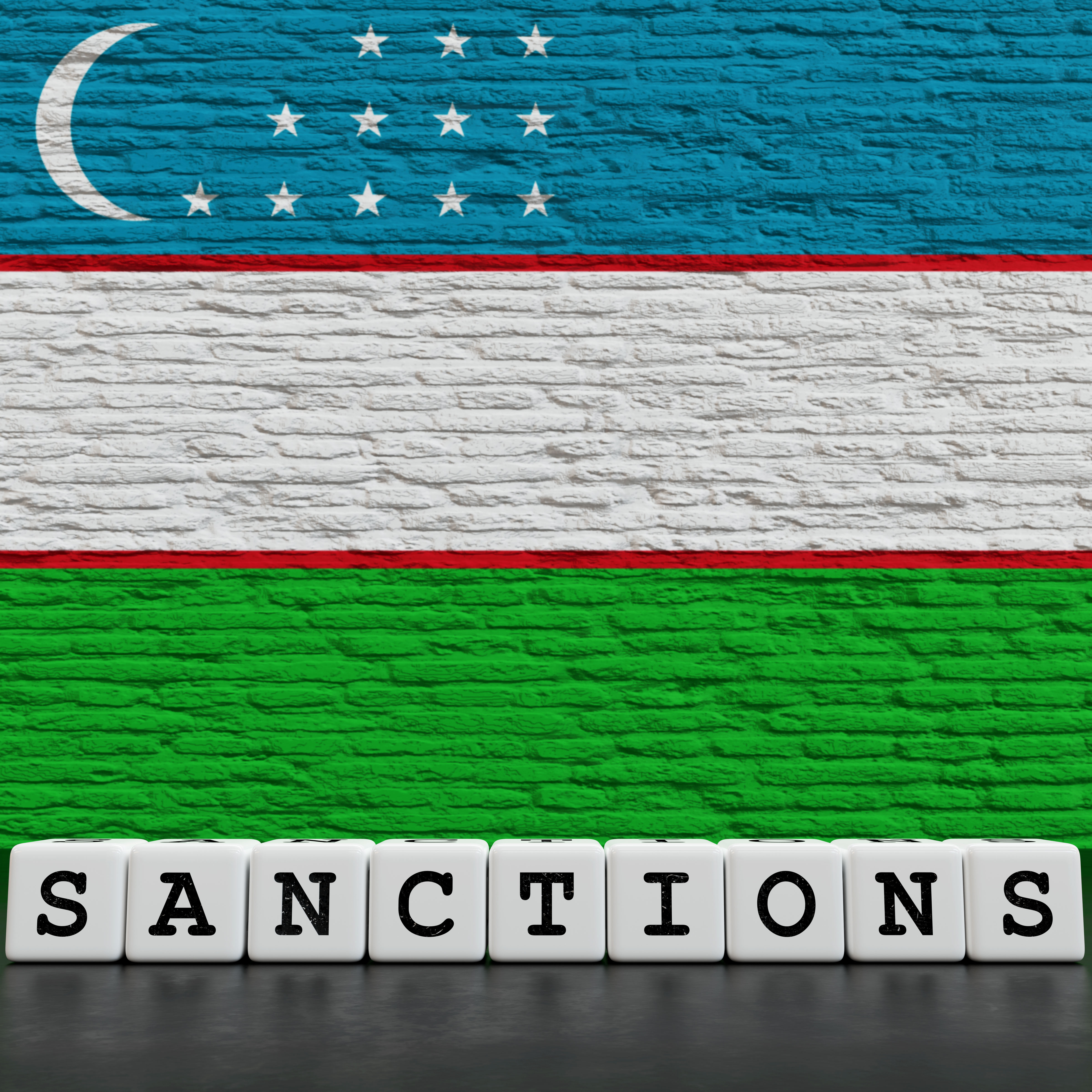 Uzbekistan Flag on Bricks Wall With Sanctions