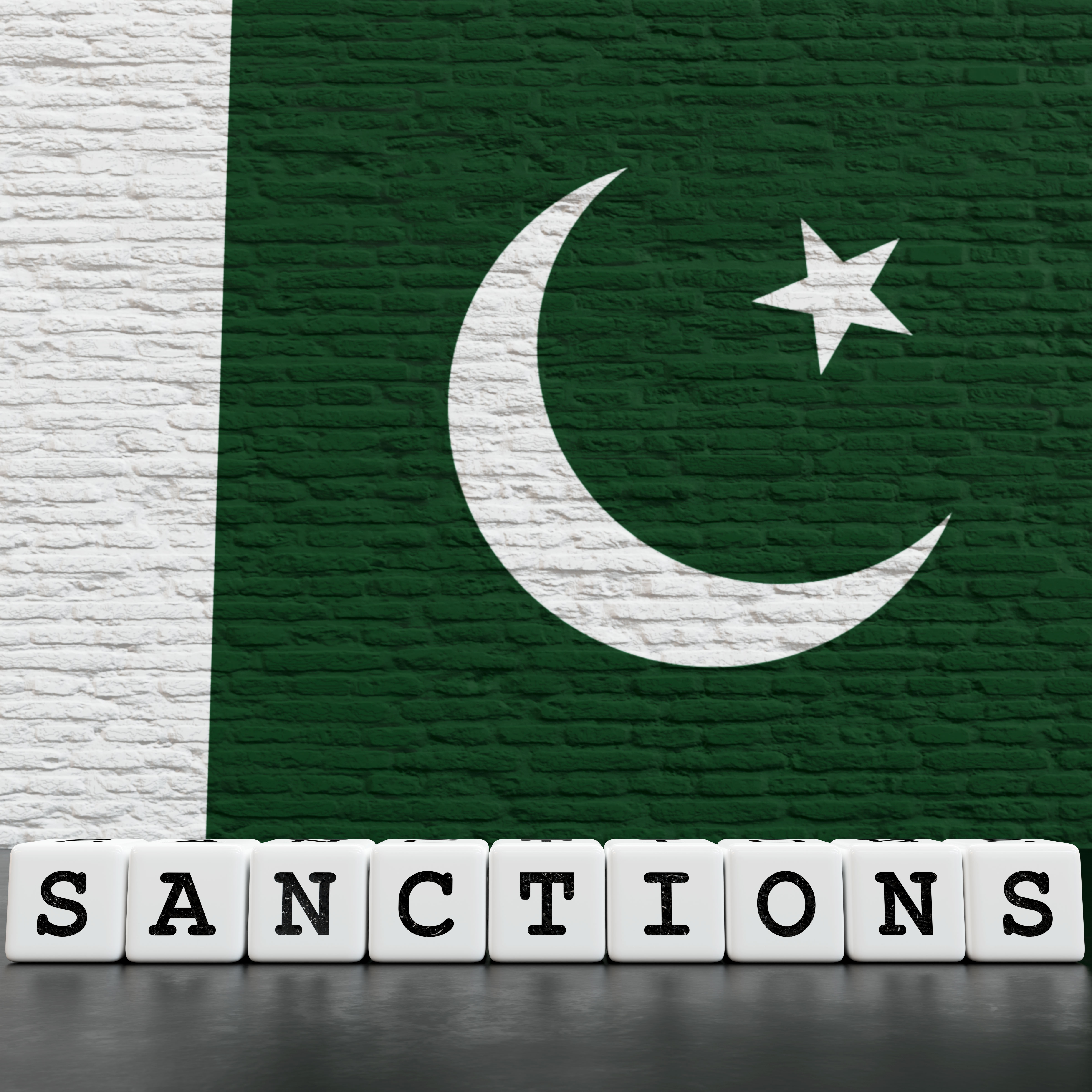 Pakistan Flag on Bricks Wall With Sanctions