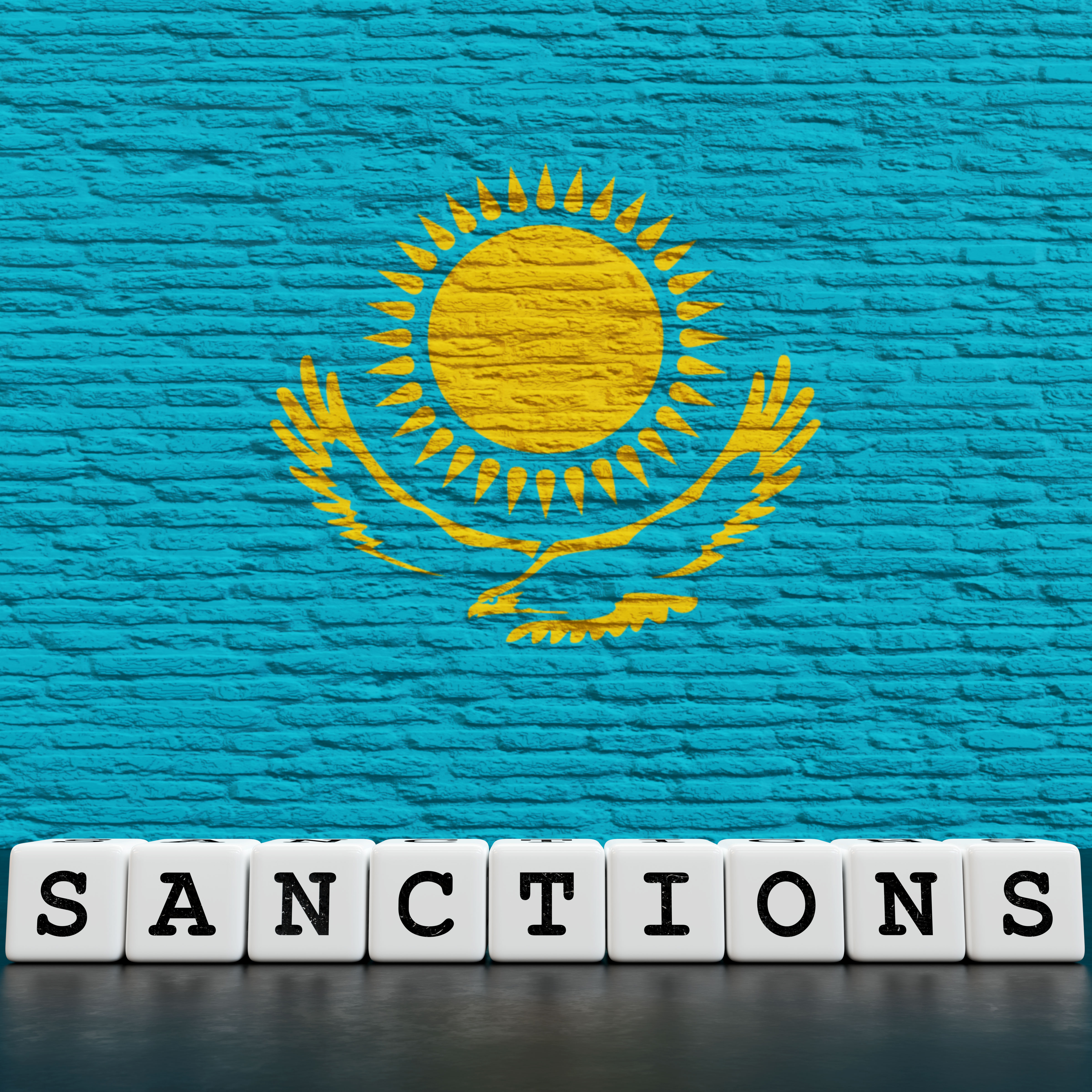 Kazakhstan Flag on Bricks Wall With Sanctions