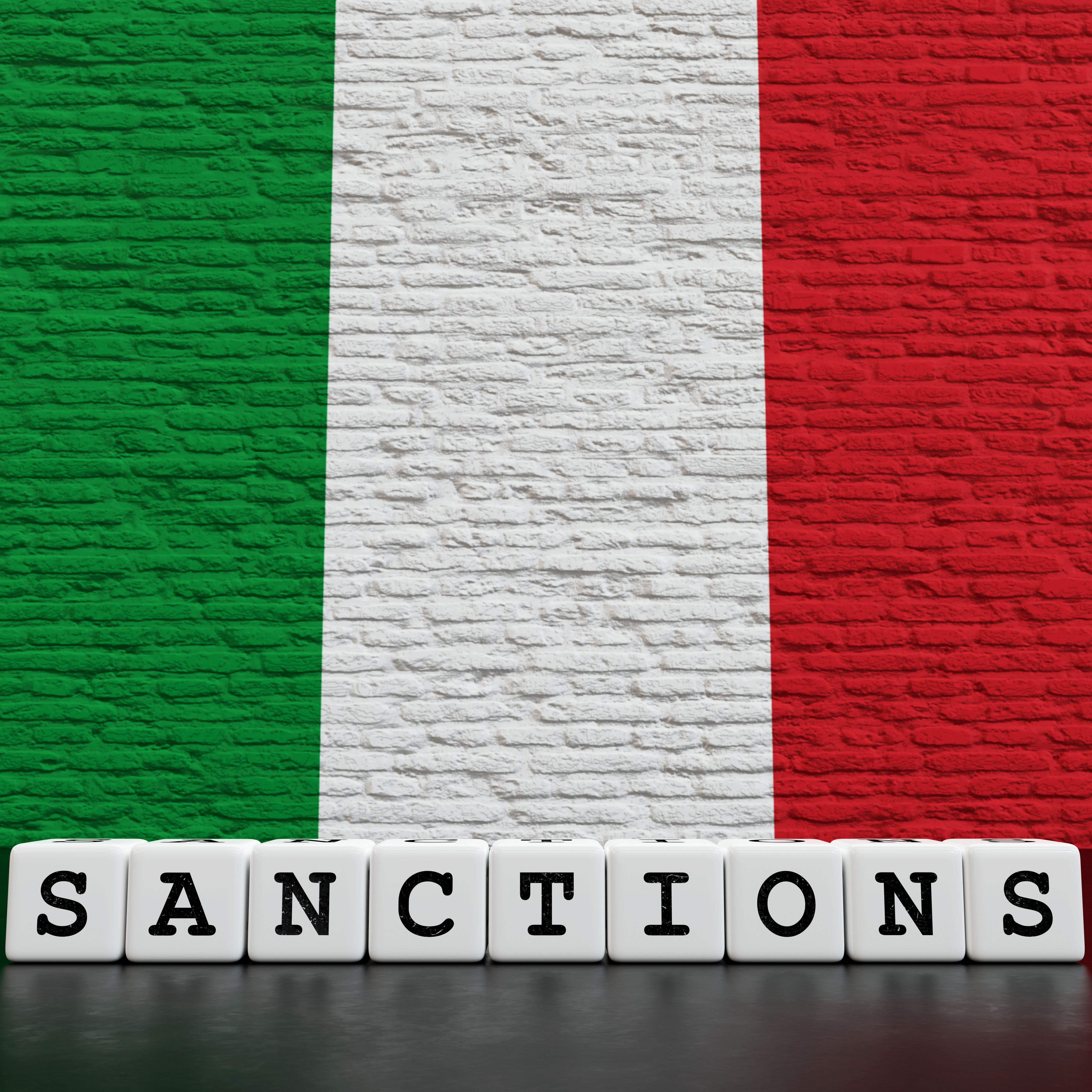 Italy Flag on Bricks Wall With Sanctions