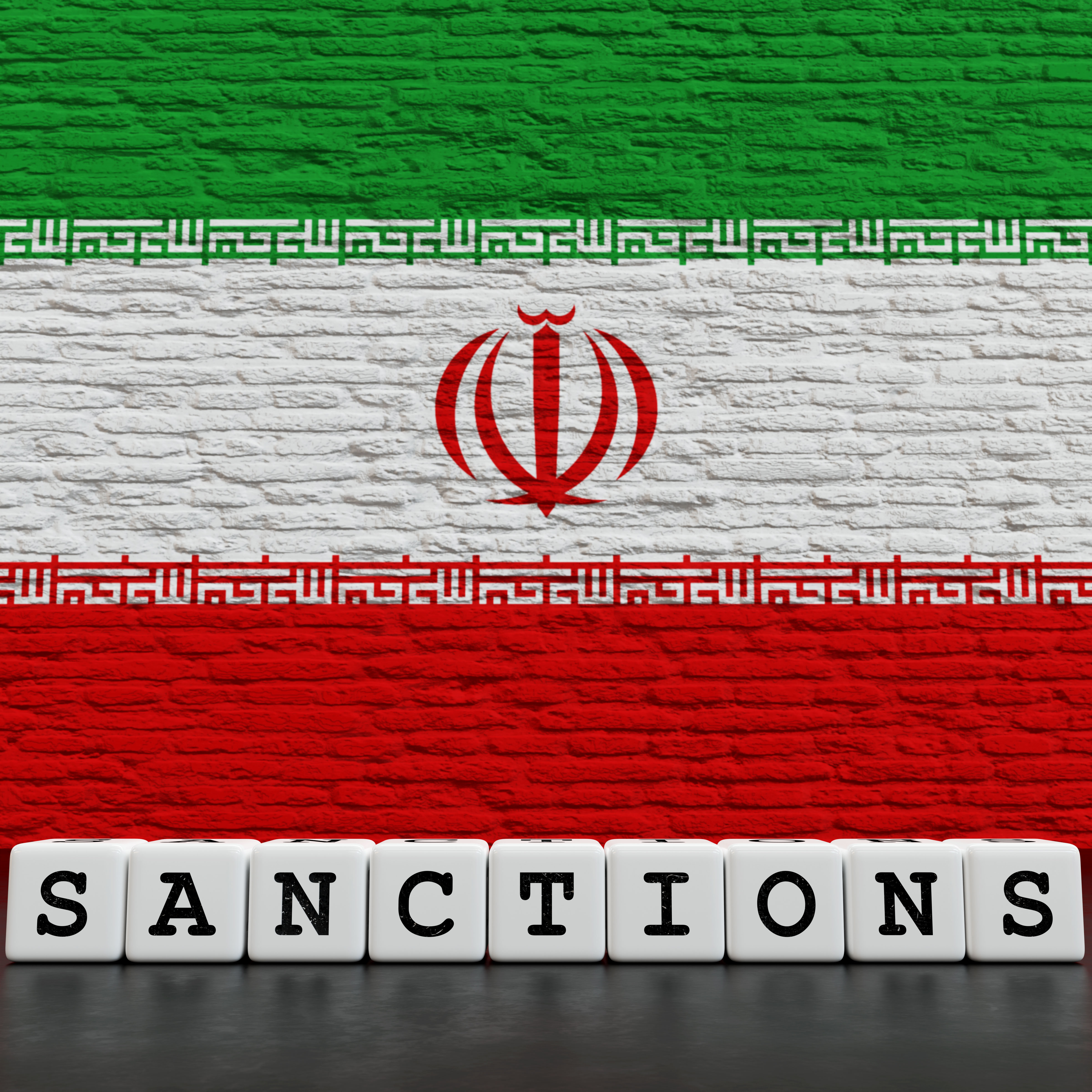 Iran Flag on Bricks Wall With Sanctions