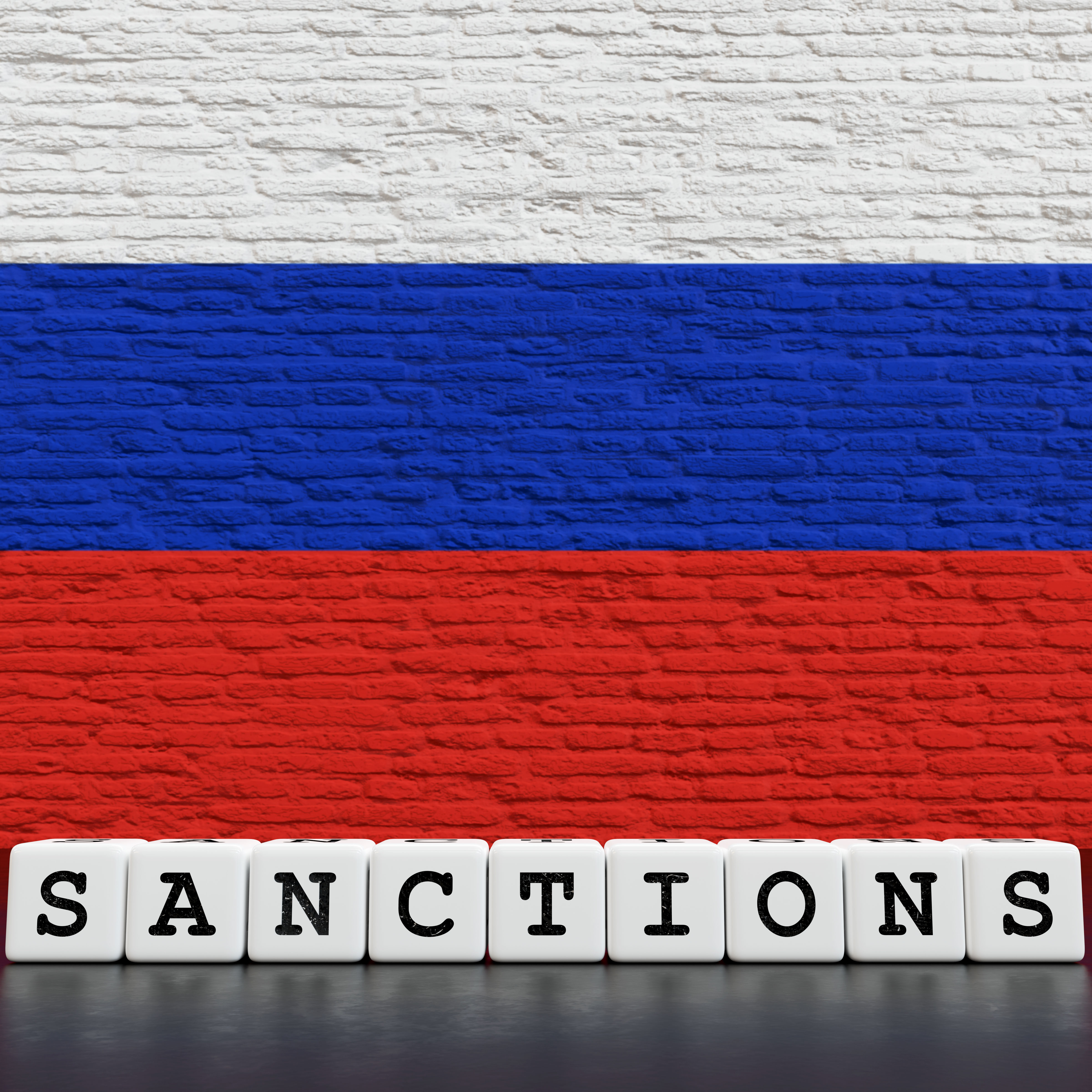 Russia Flag on Bricks Wall With Sanctions