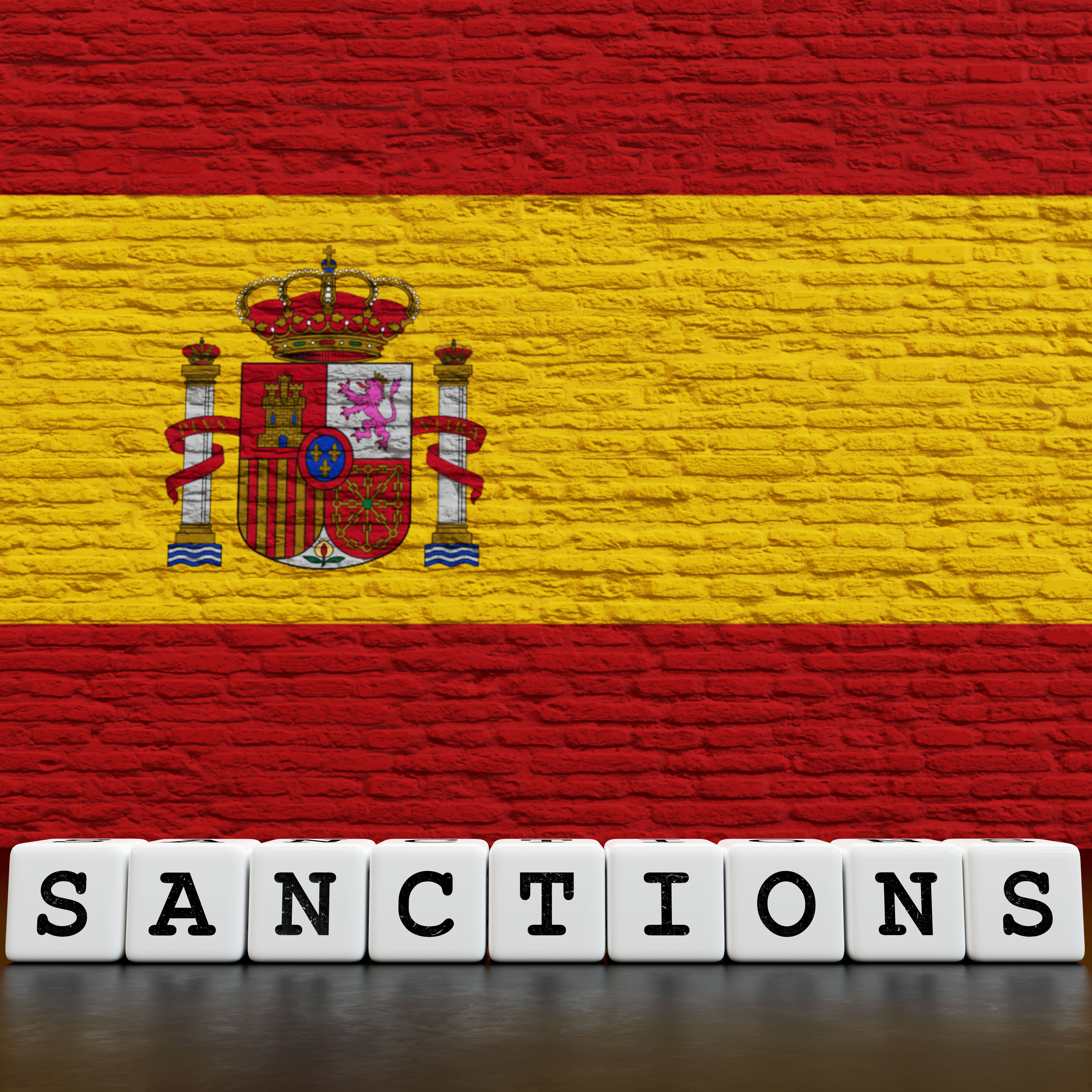 Spain Flag on Bricks Wall With Sanctions