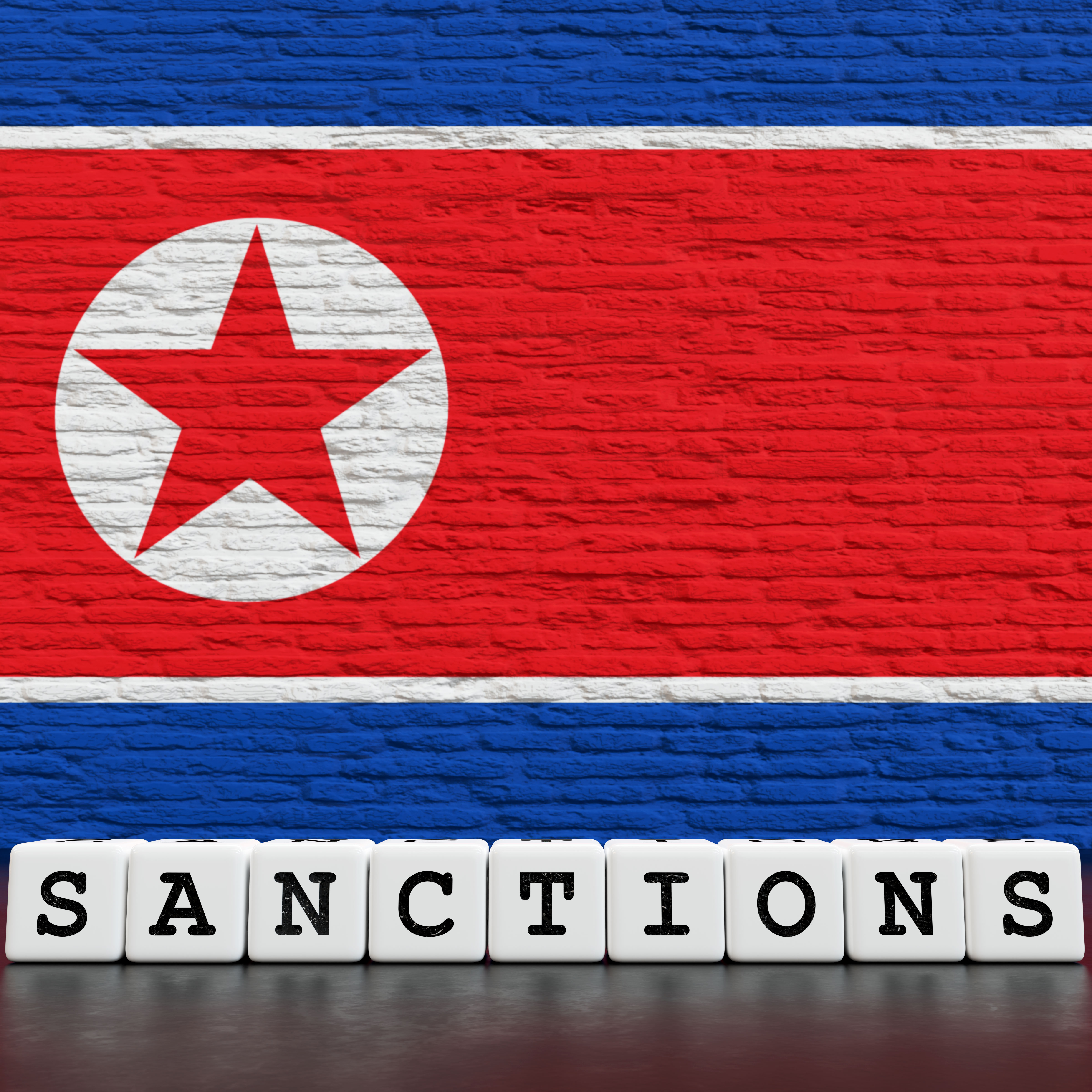 North-Korea Flag on Bricks Wall With Sanctions