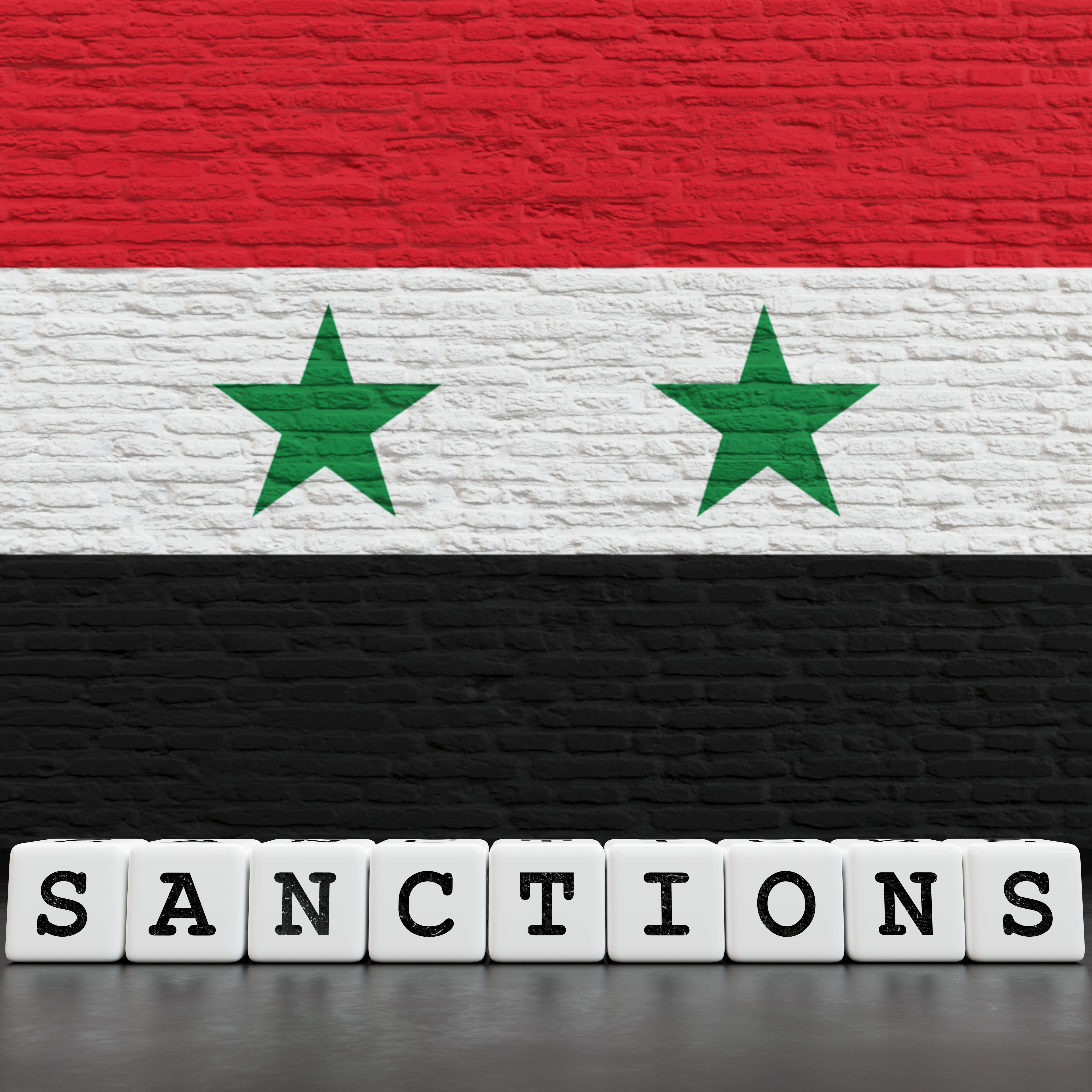 Syria Flag on Bricks Wall With Sanctions