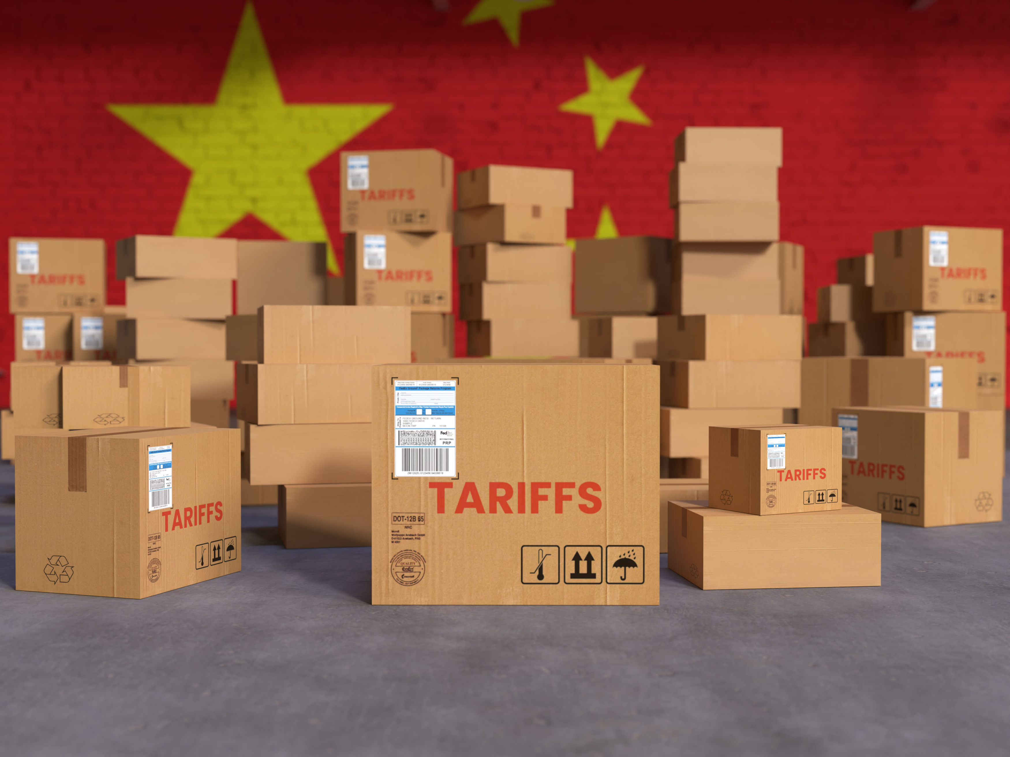 Chinese Flag and Tariff Label on Cardboard Boxes