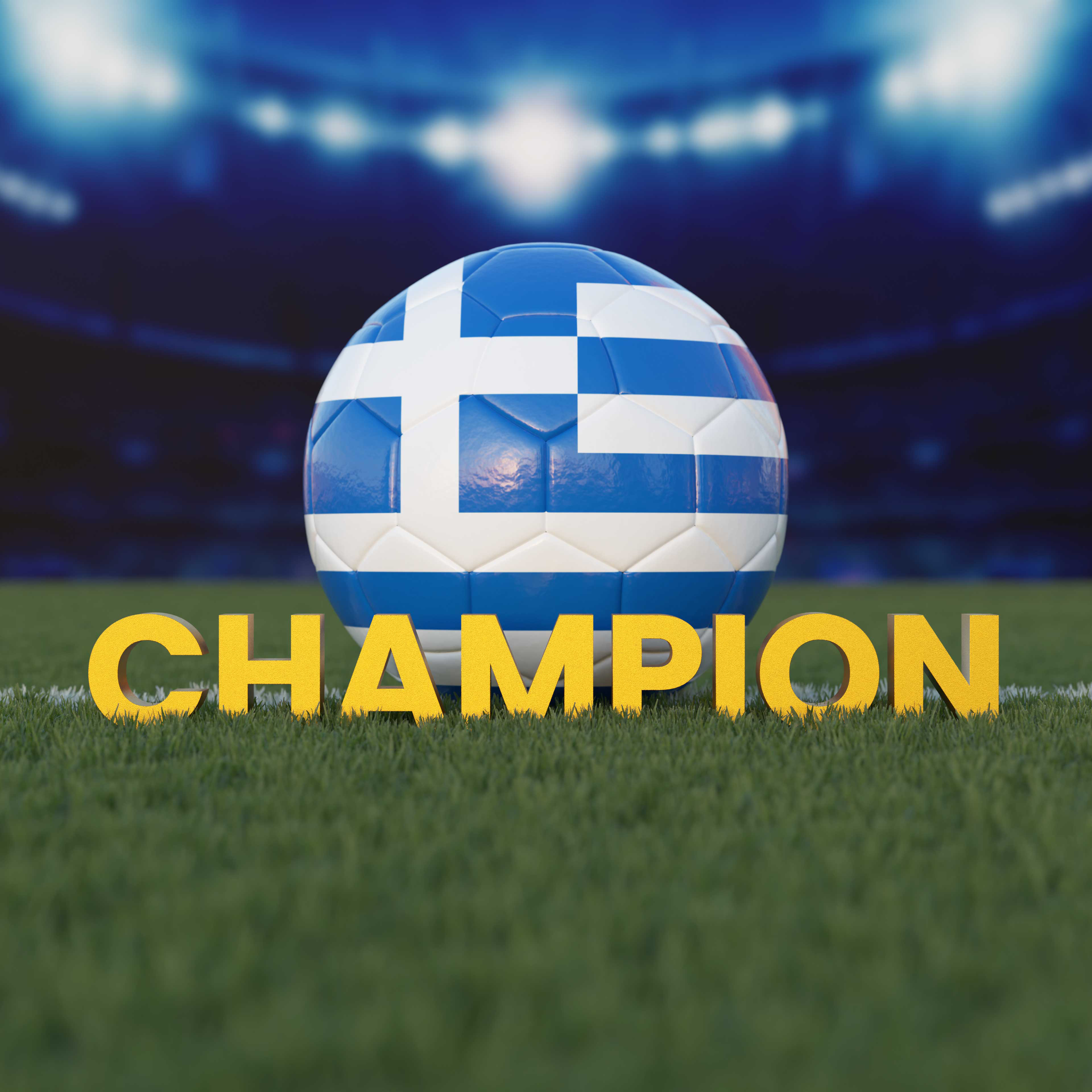 Flag of Greece On Soccer Ball With CHAMPION Text
