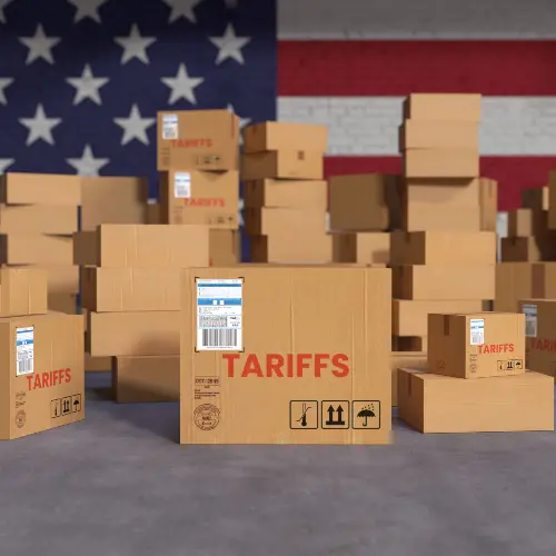 Global Trade Tariffs Concept with National Flags on Shipping Boxes